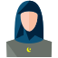 A woman in a blue hijab with a crescent on her head