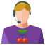 A person wearing a headset with a cherry on it