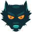 A black mask with orange eyes and horns