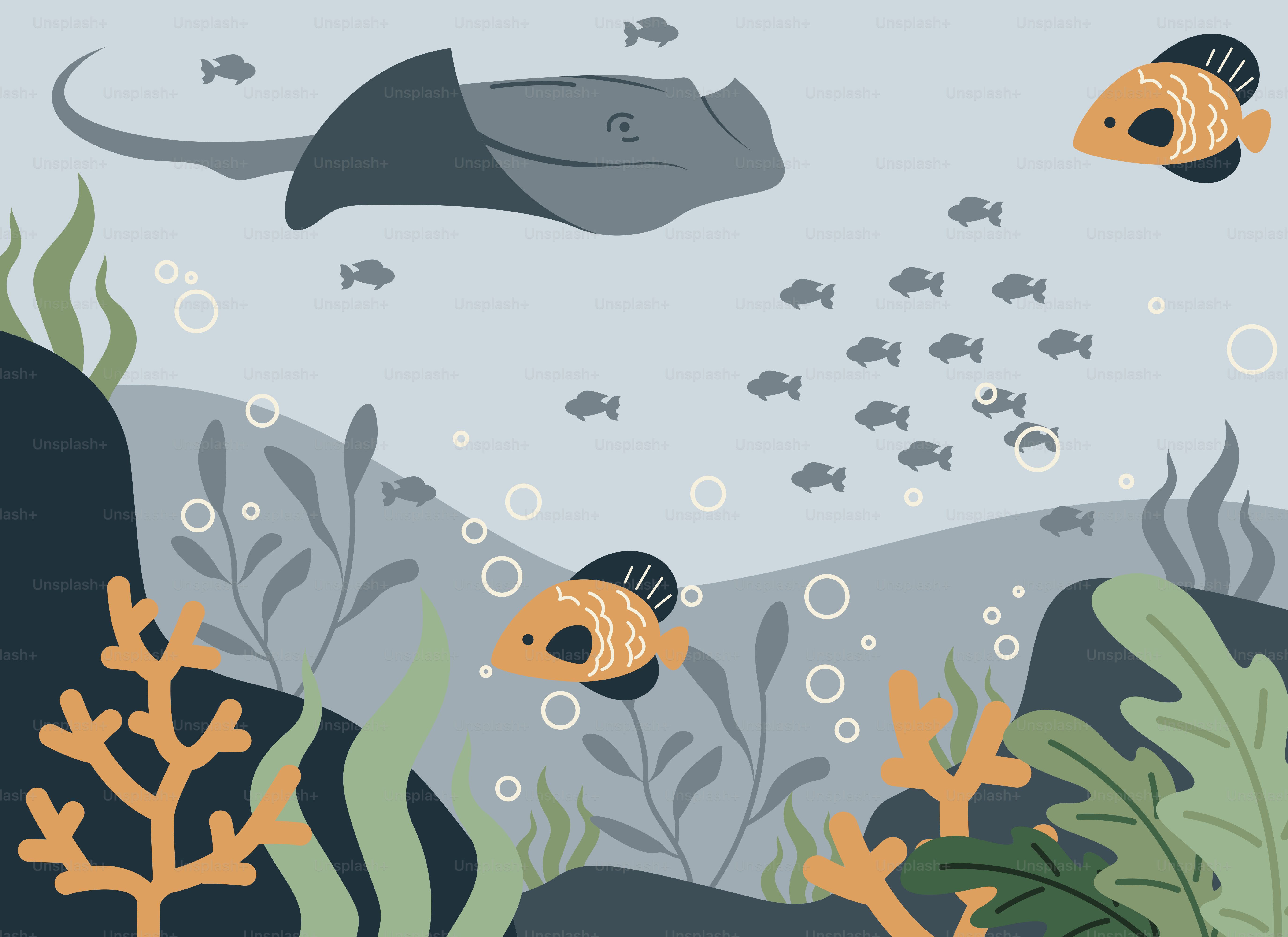 An underwater scene with fish and plants