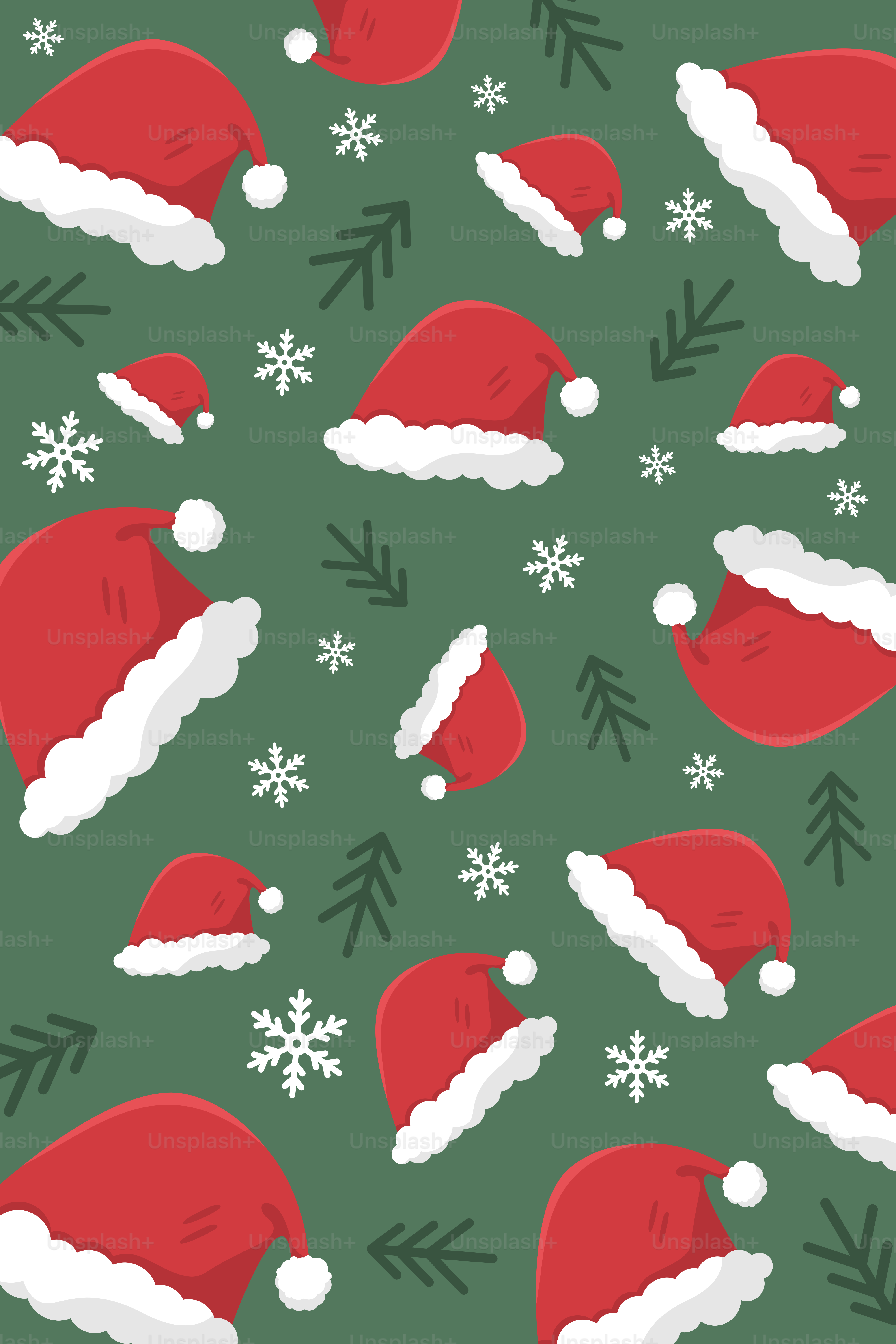 A pattern of santa hats and snowflakes on a green background