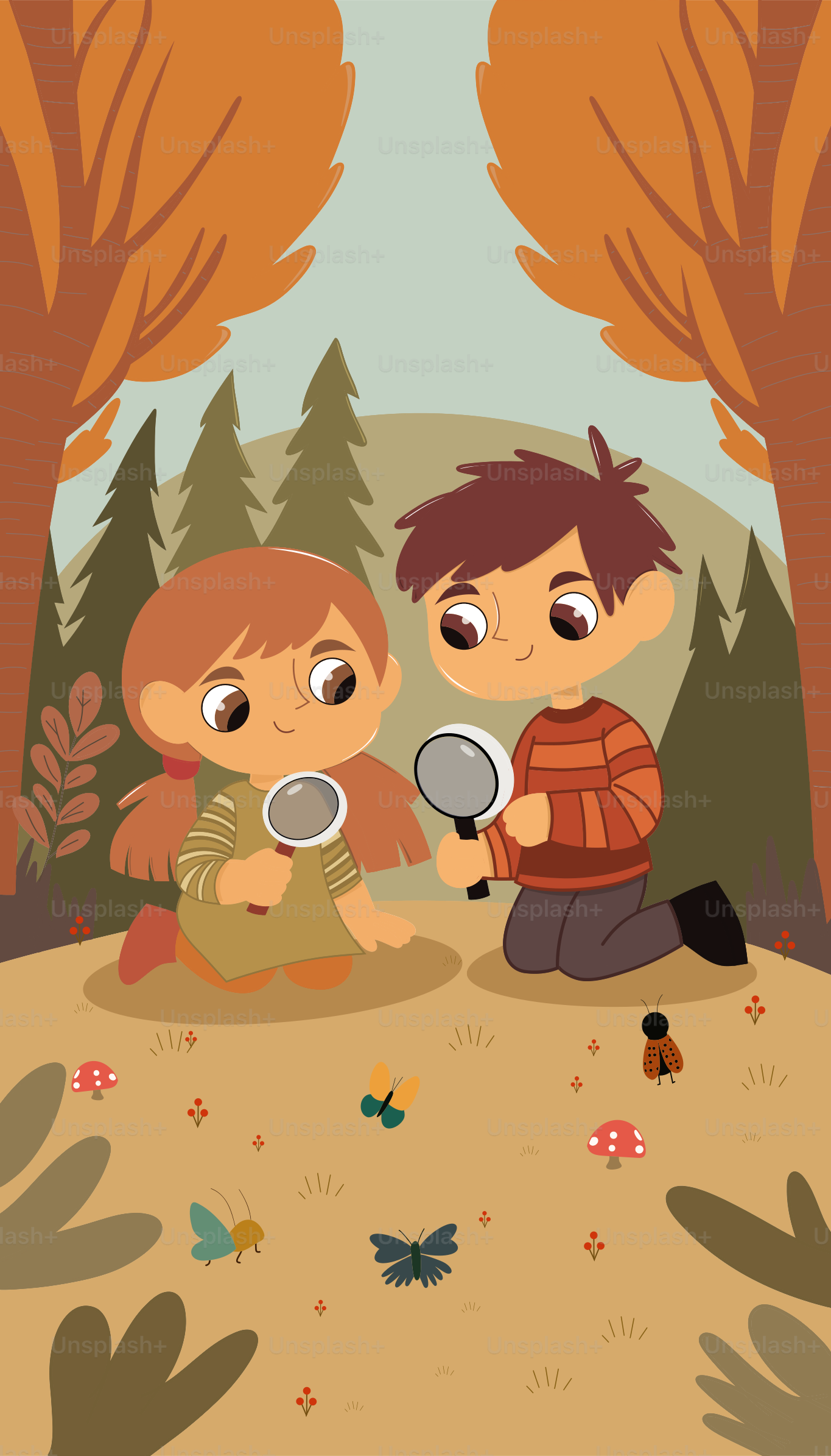 A boy and a girl looking through a magnifying glass