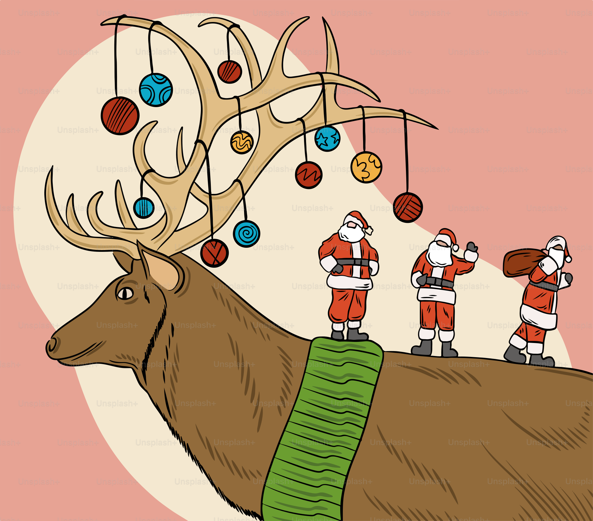 A christmas card with a reindeer and three people dressed as santa claus