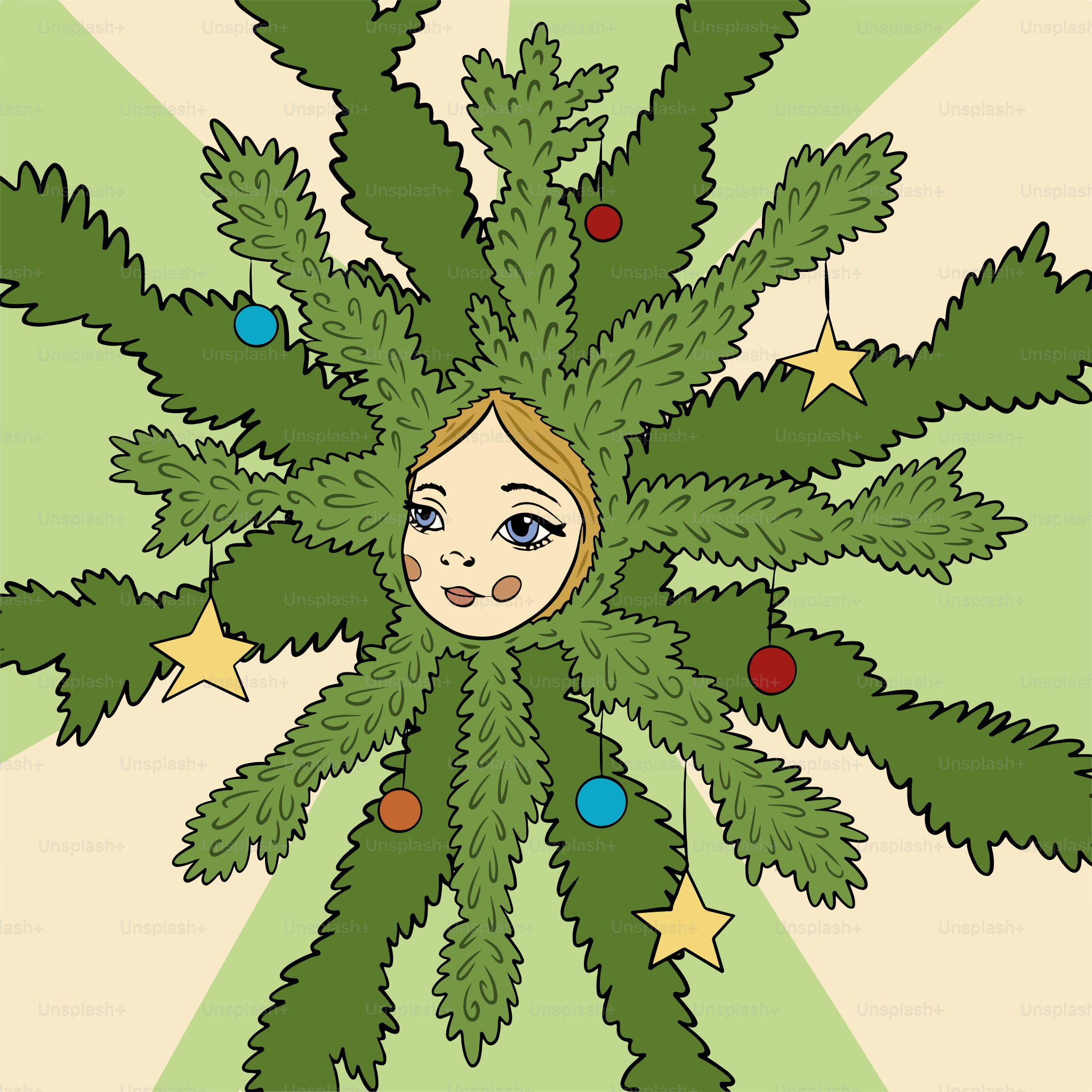 A picture of a girl peeking out of a christmas tree