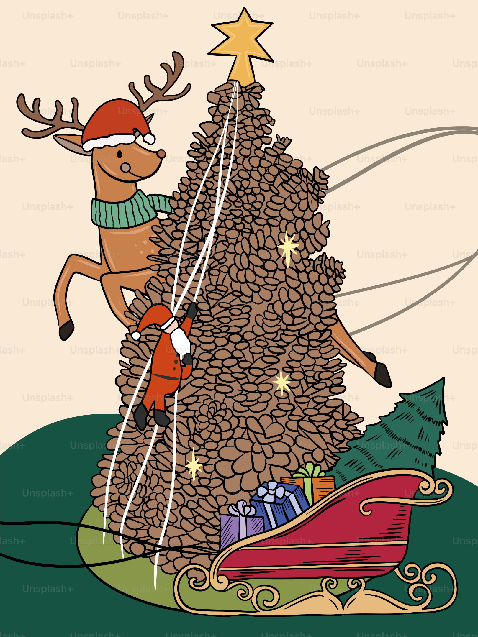 A christmas card with a reindeer on a sleigh