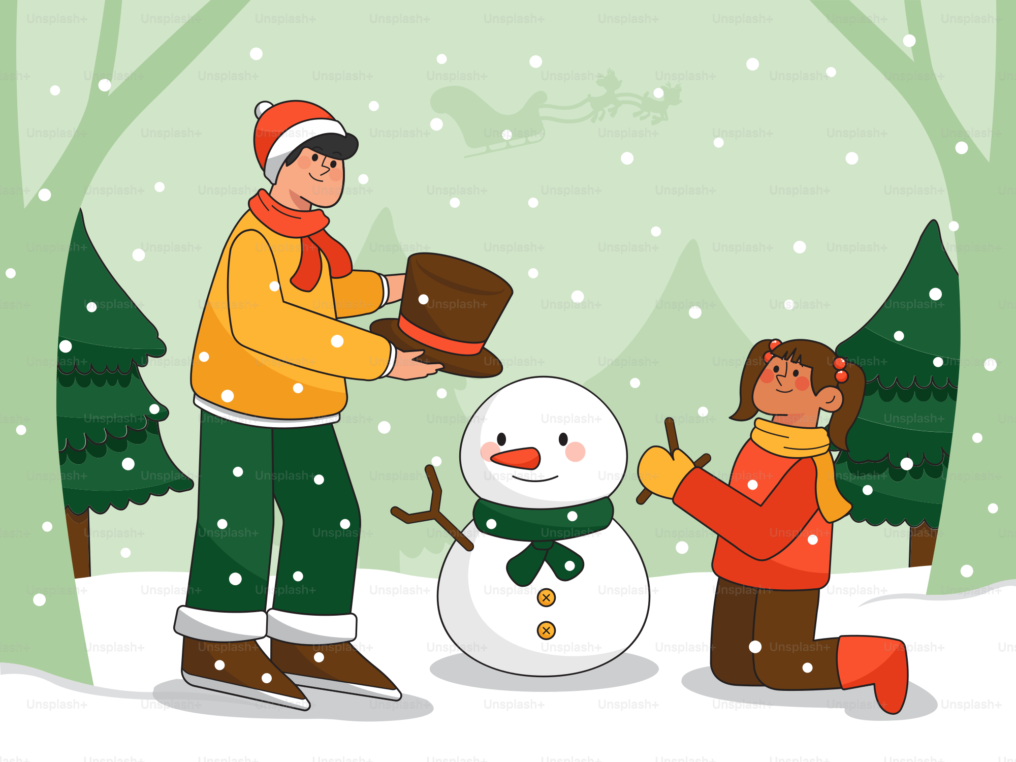 A man and two children building a snowman