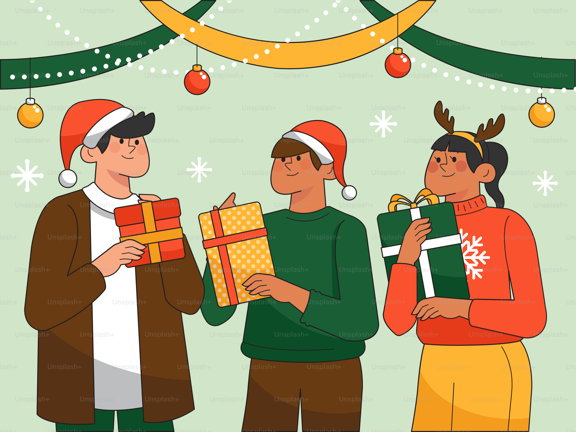 A group of people holding presents under a christmas tree