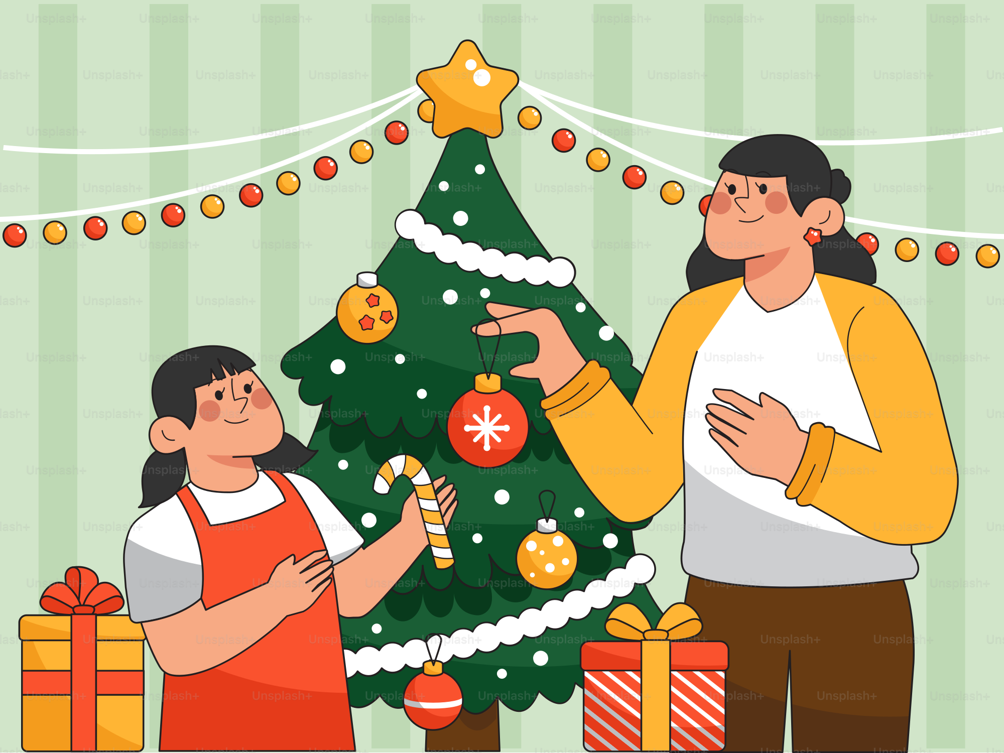A man and a woman decorating a christmas tree
