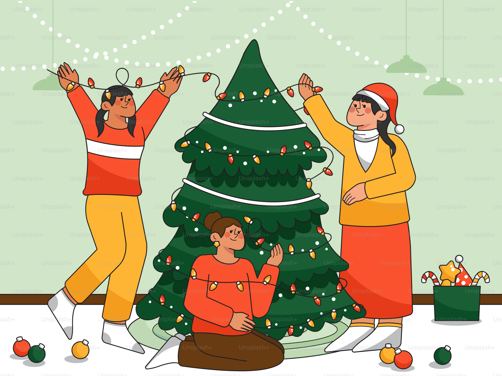 A group of people decorating a christmas tree