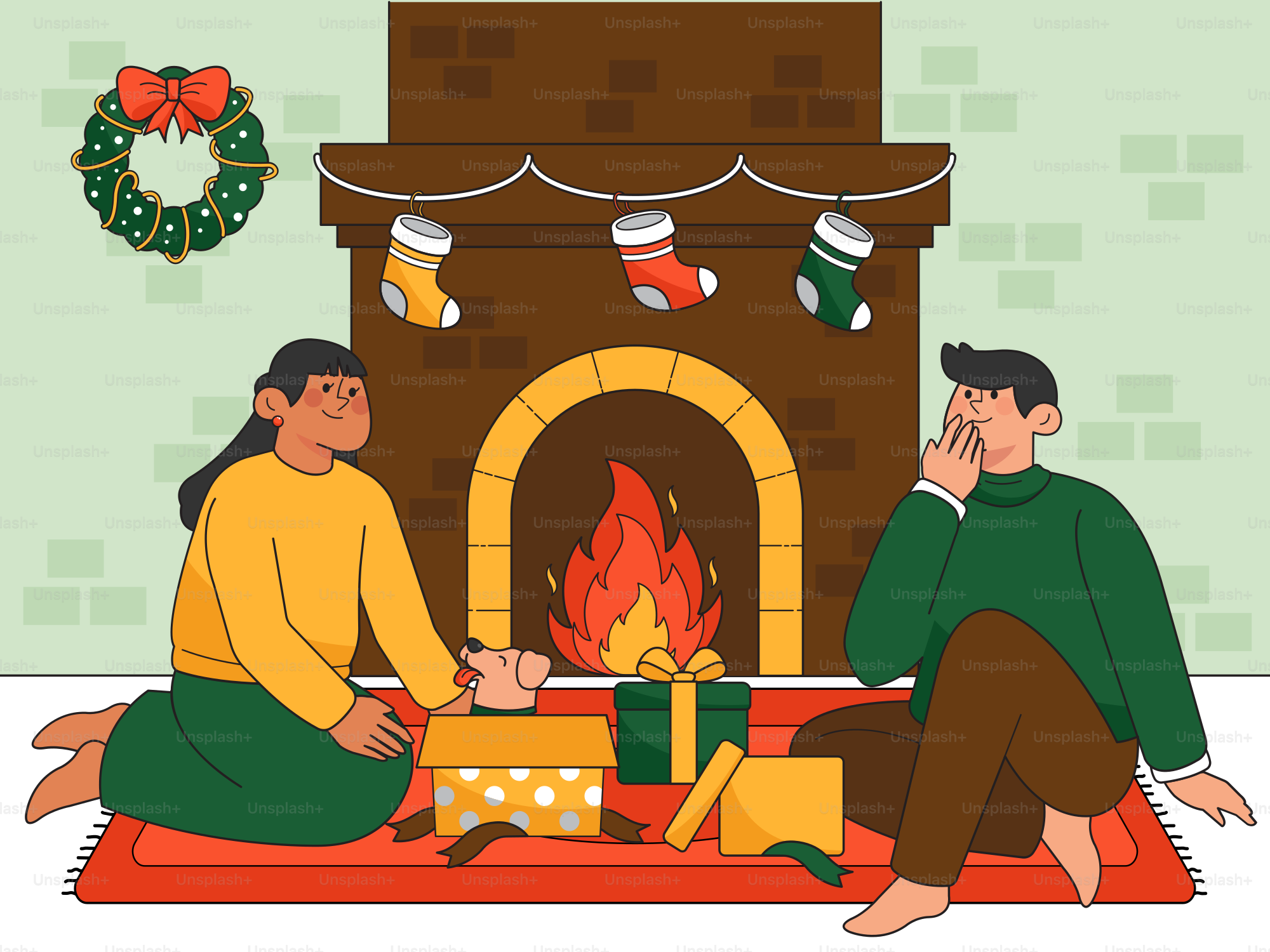 A man and a woman sitting in front of a fireplace