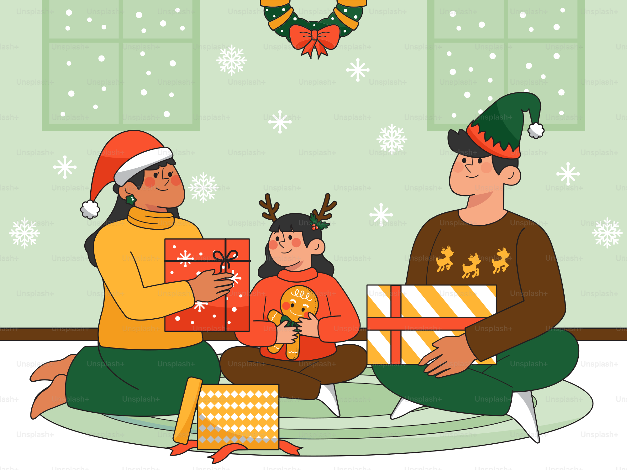 A family sitting on the floor with presents