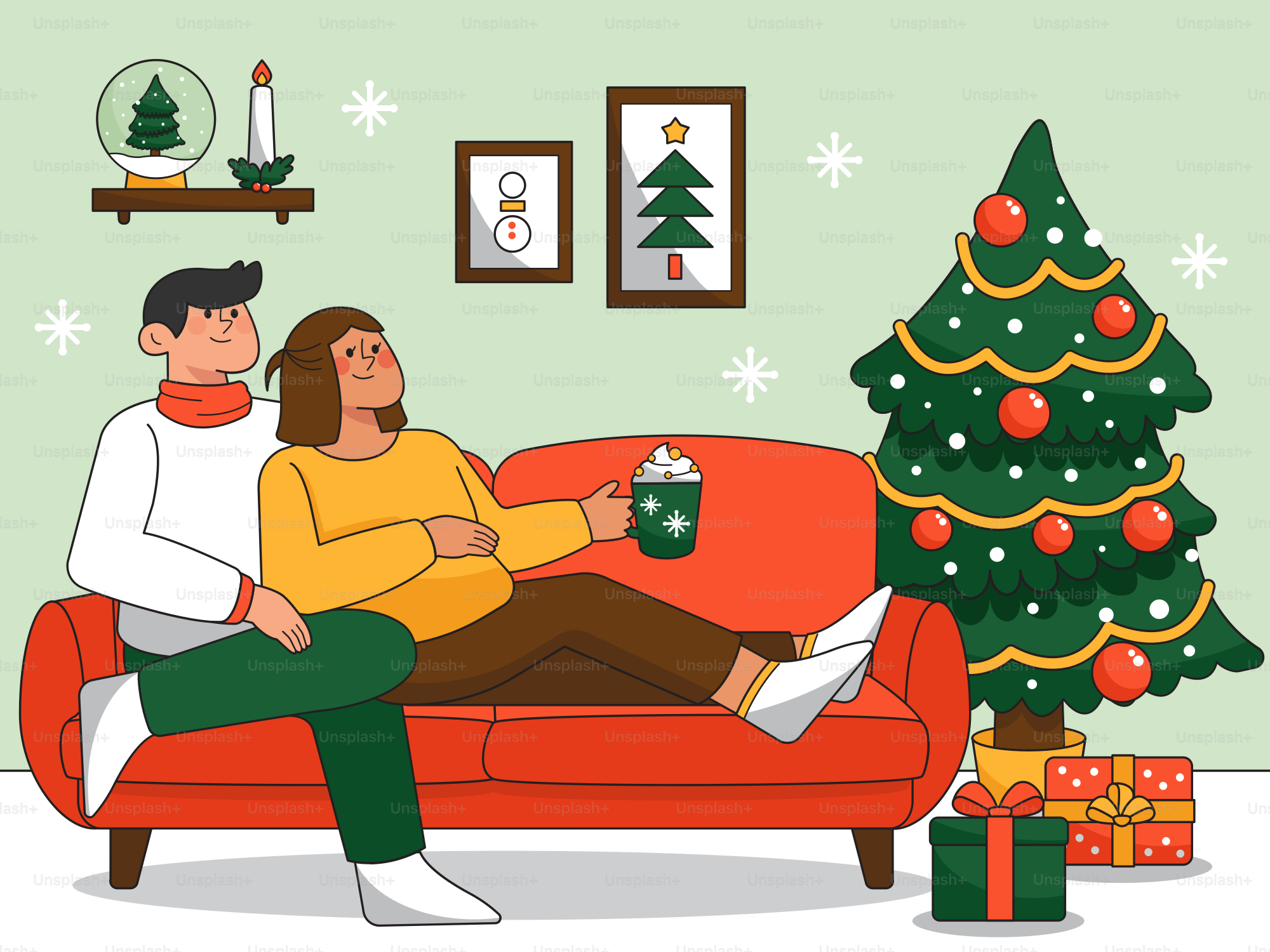 Un hombre y una mujer sentados en un sofá junto a un árbol de Navidad