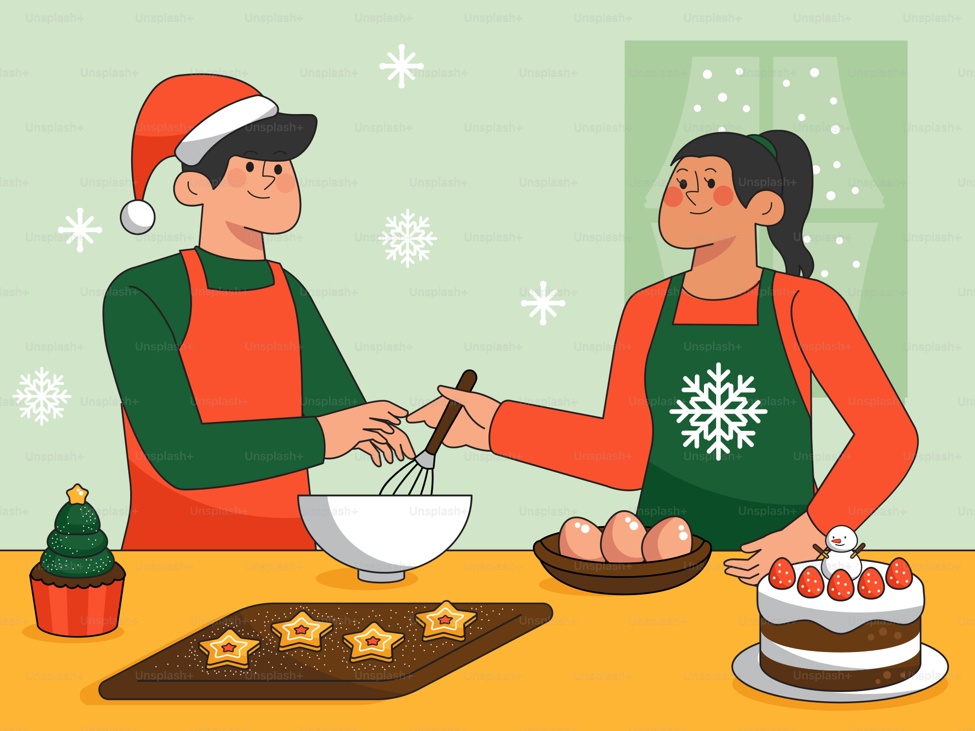 A man and a woman are preparing a christmas cake