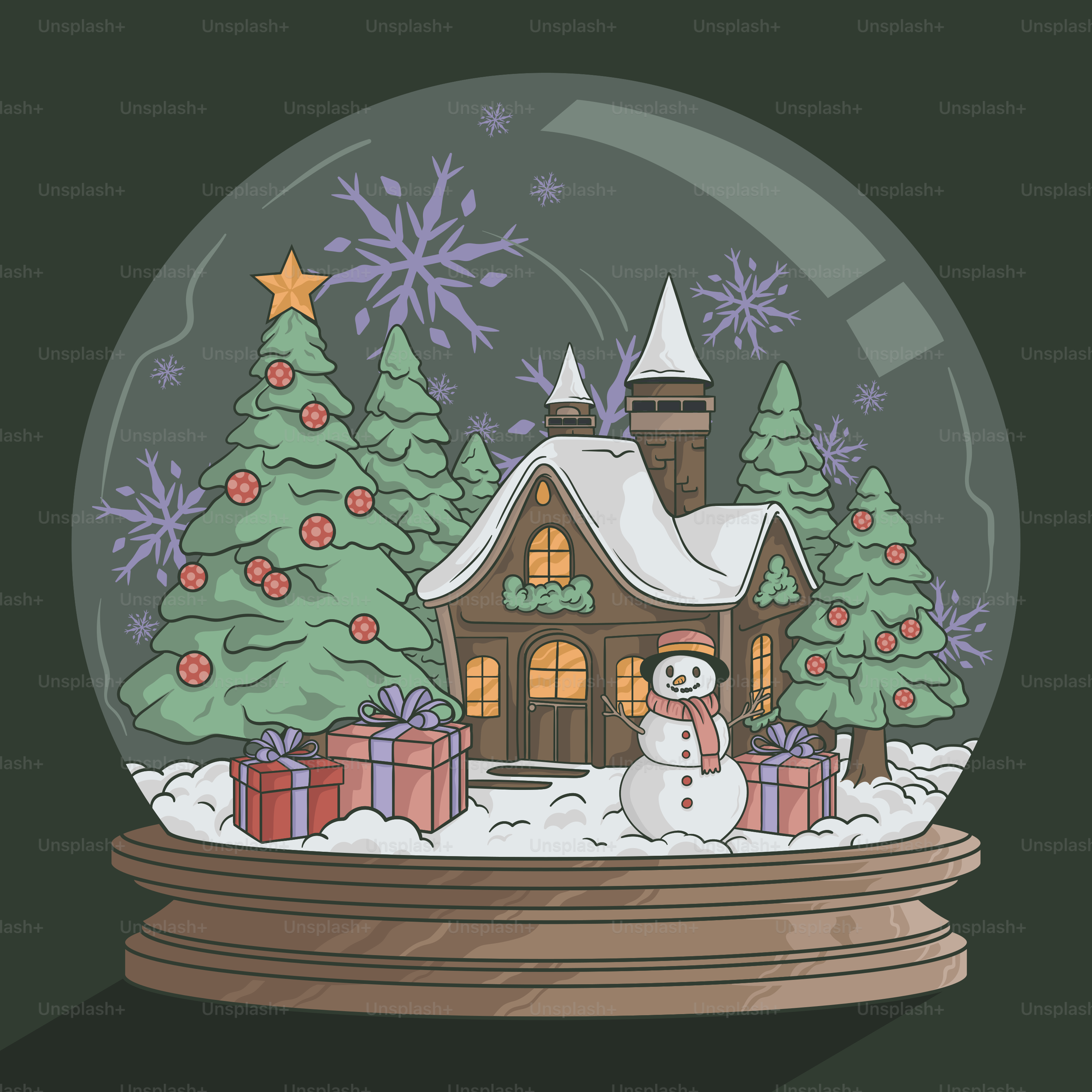 Eine Schneekugel mit einem Haus und Weihnachtsbäumen darin