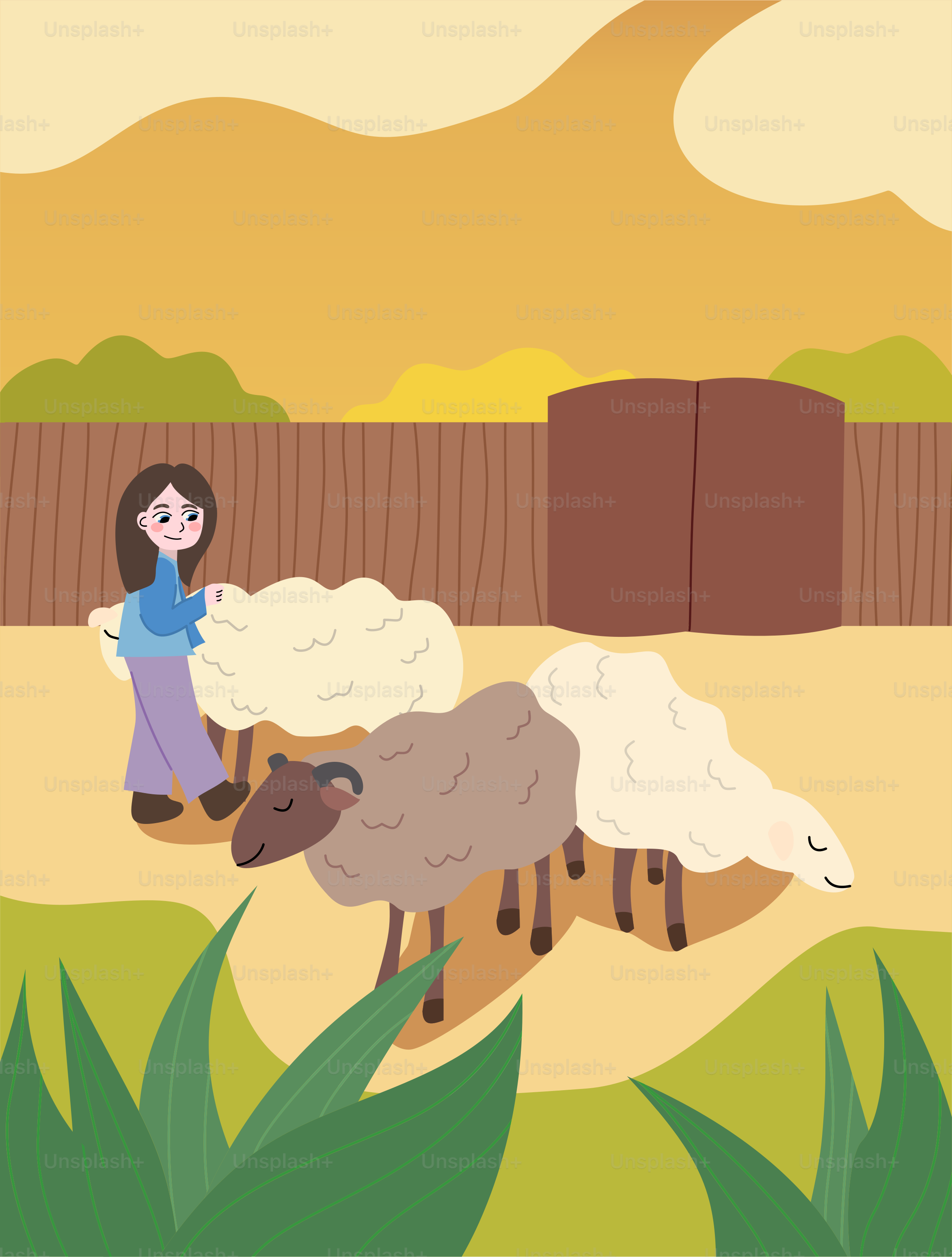 Un dessin animé d’une femme s’occupant d’un troupeau de moutons