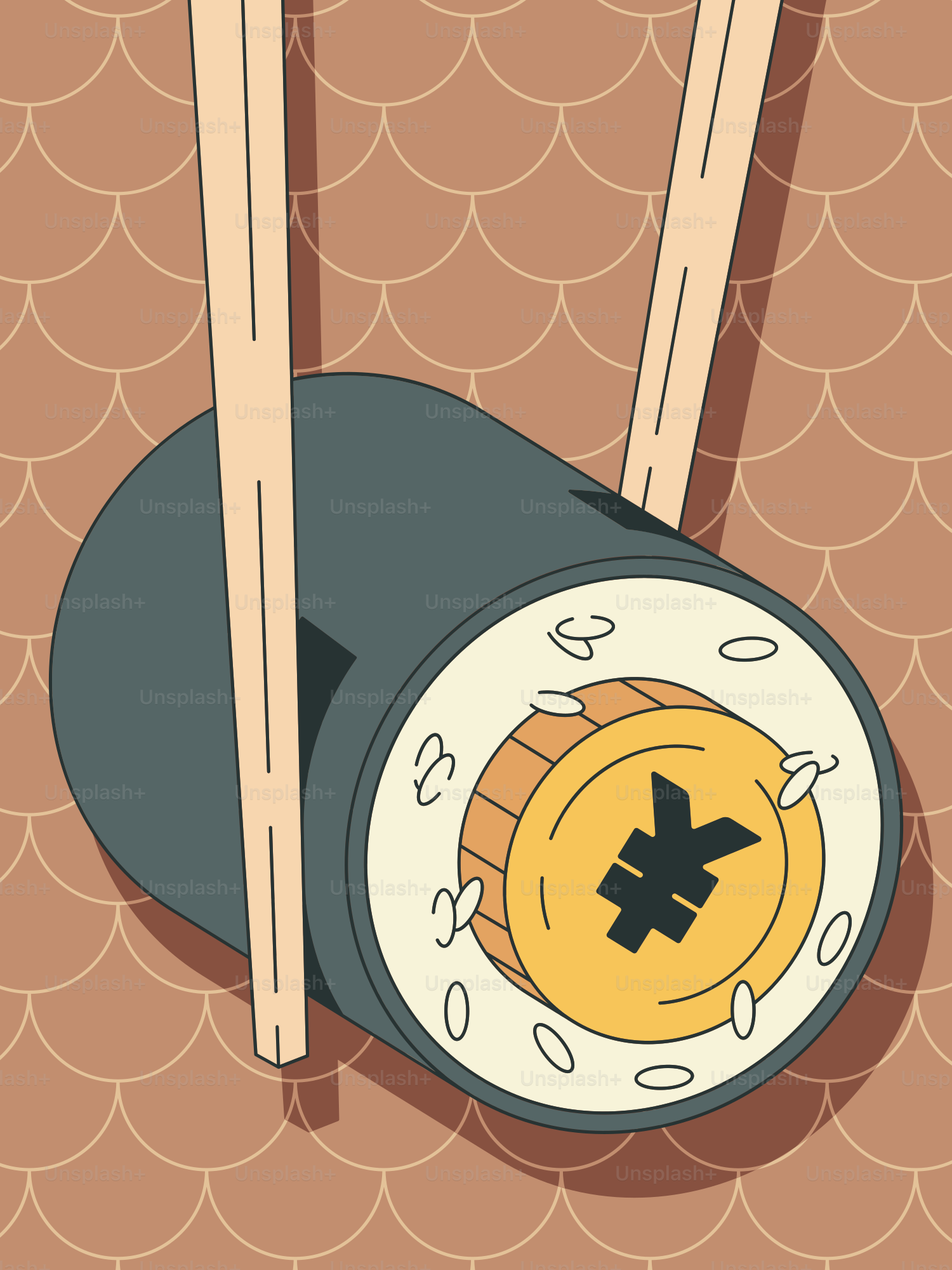 Dois hashis estão saindo de um prato de sushi