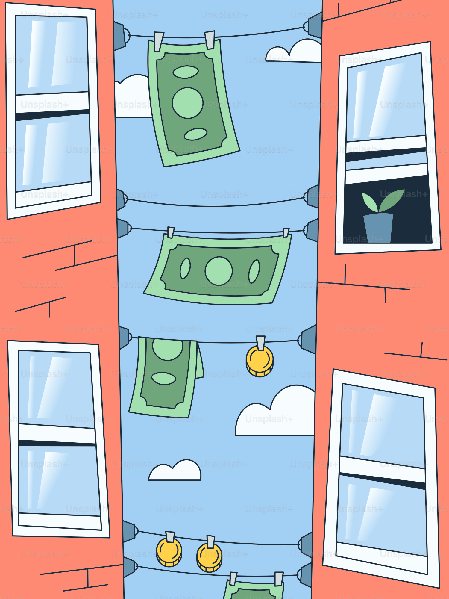 돈이 선에 매달려 있는 집 그림