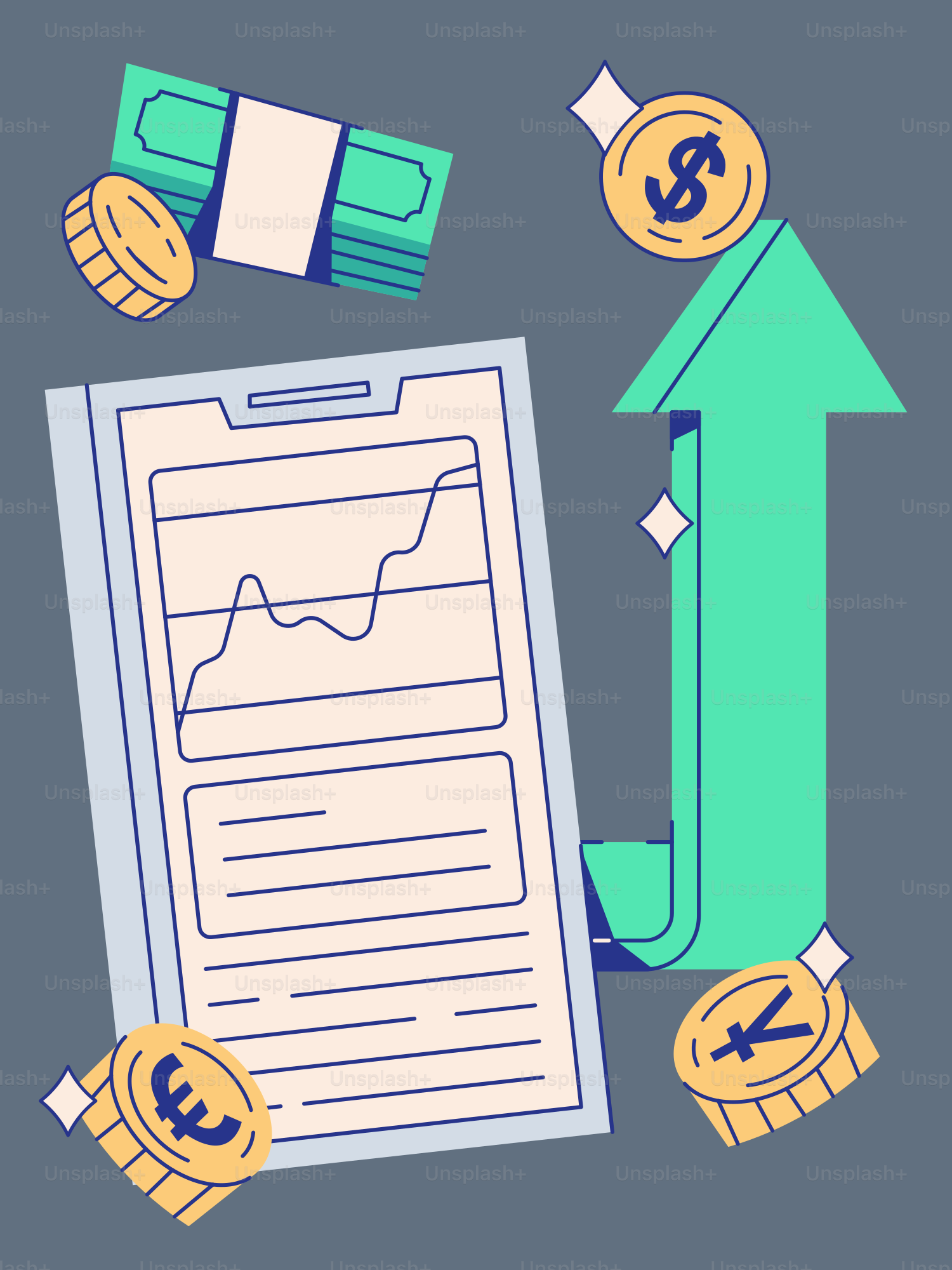 A clipboard with a chart and money around it