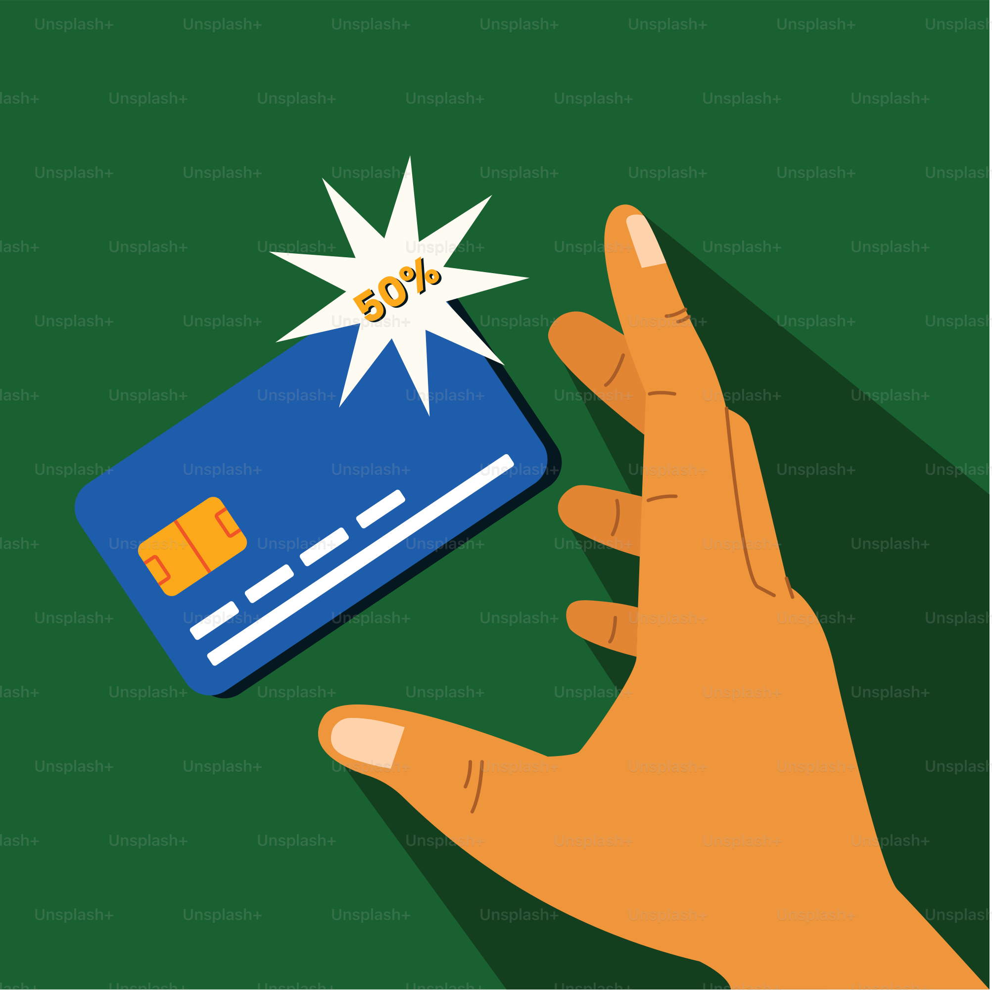 A hand holding a credit card with a boom effect