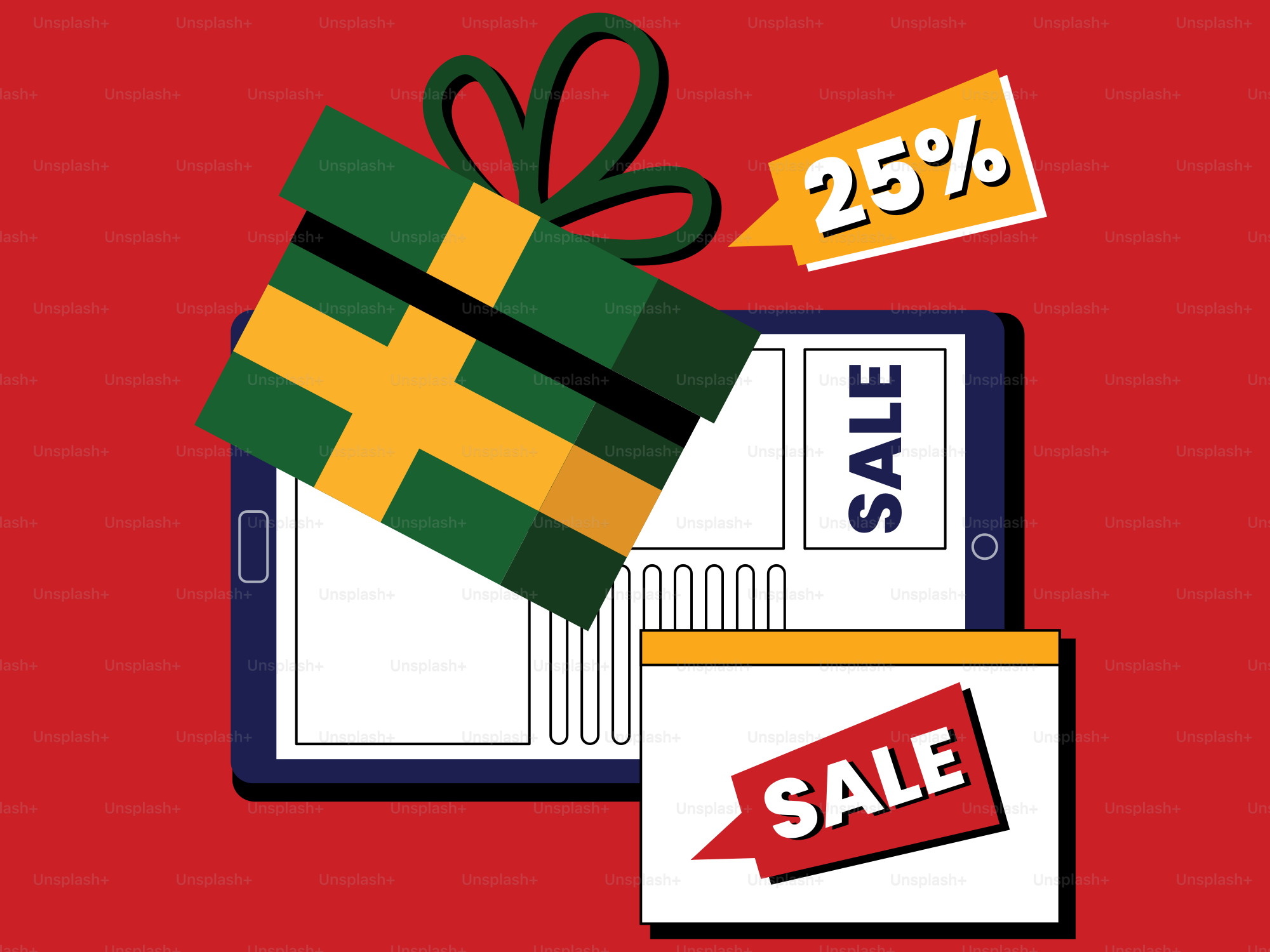 Un fond rouge avec une boîte cadeau verte et jaune et une étiquette de vente