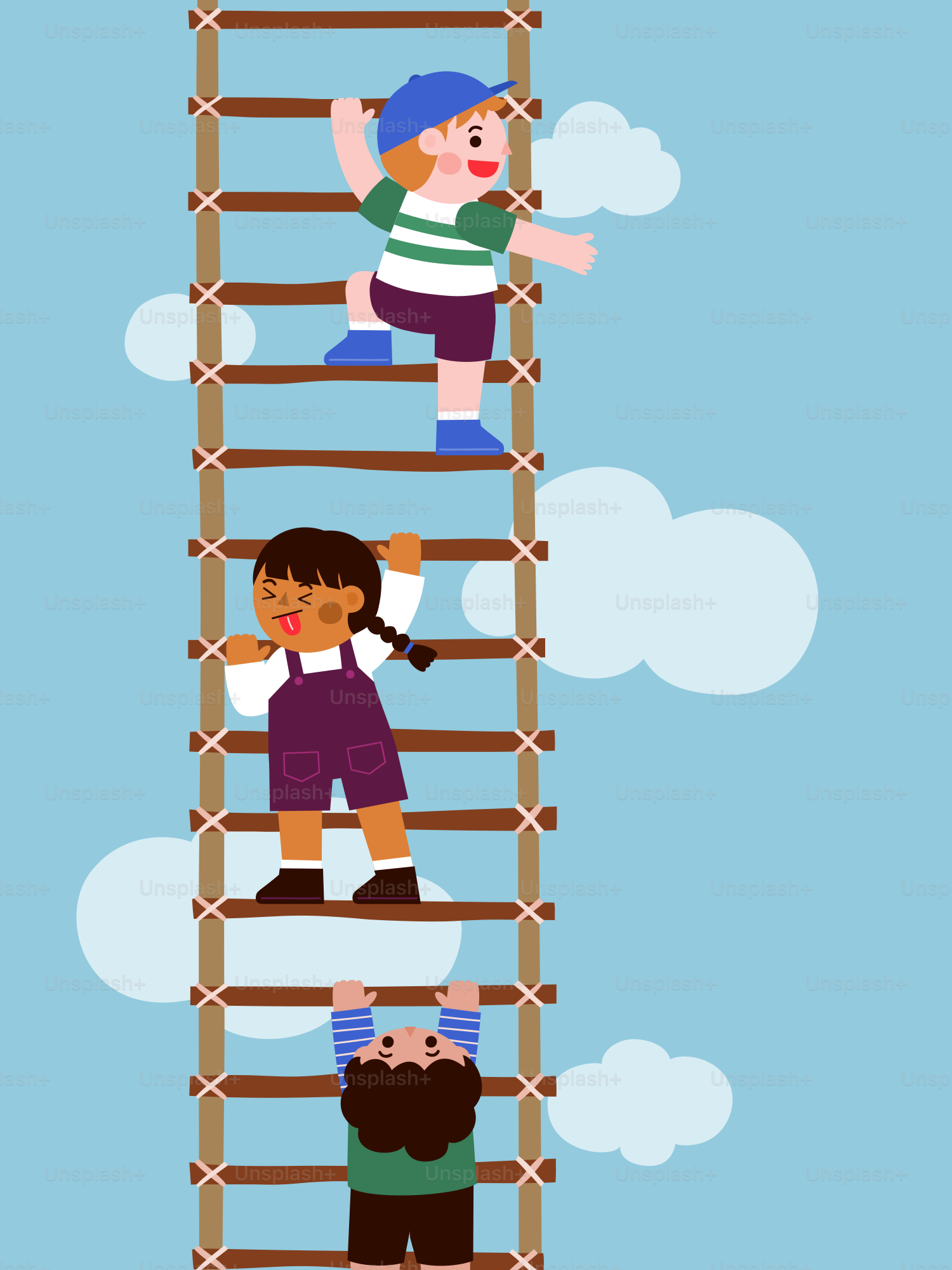 Eine Gruppe von Kindern, die eine Leiter hinaufklettert