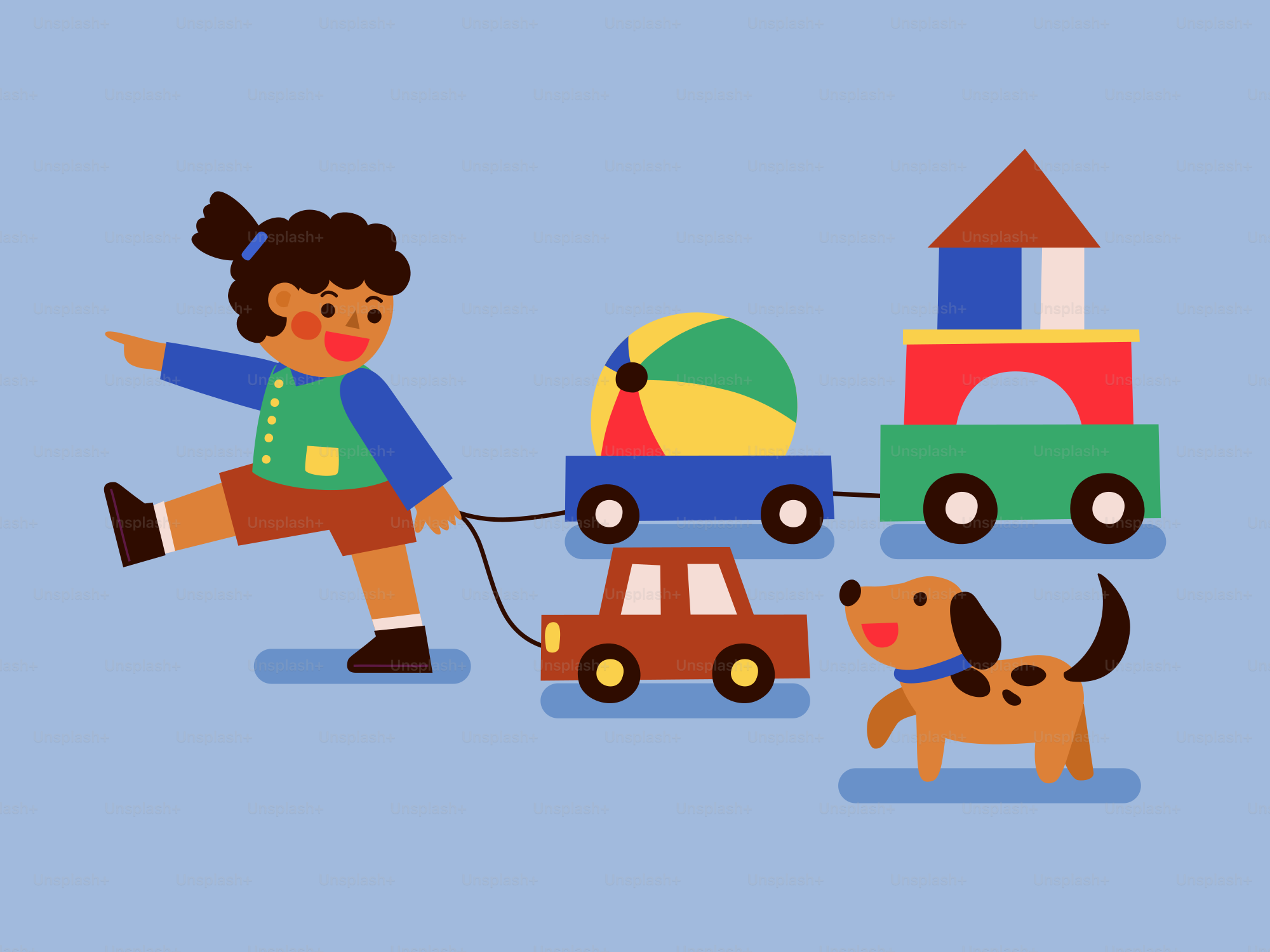 A child playing with a toy car and a dog