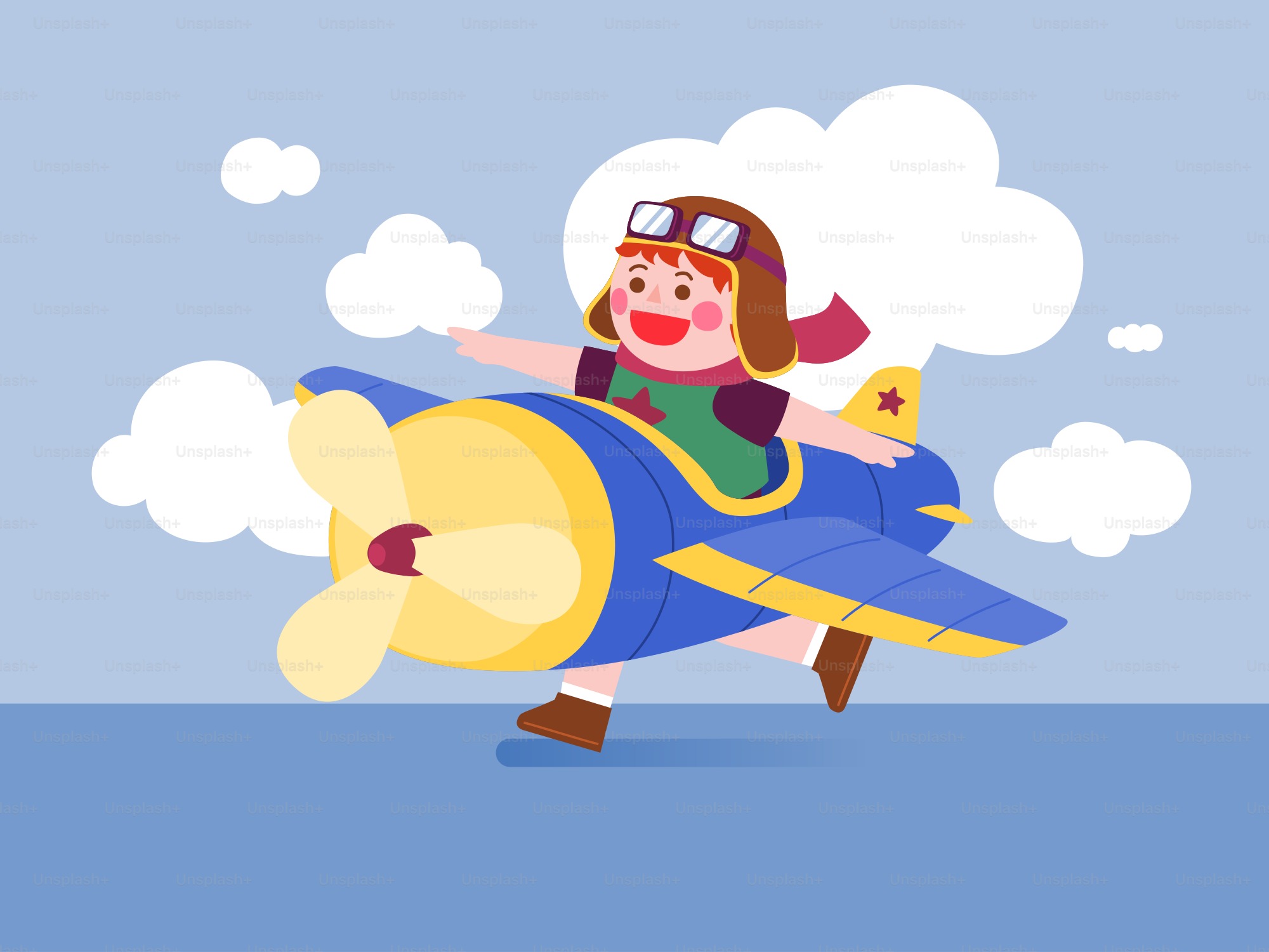 A person riding on a toy plane in the sky
