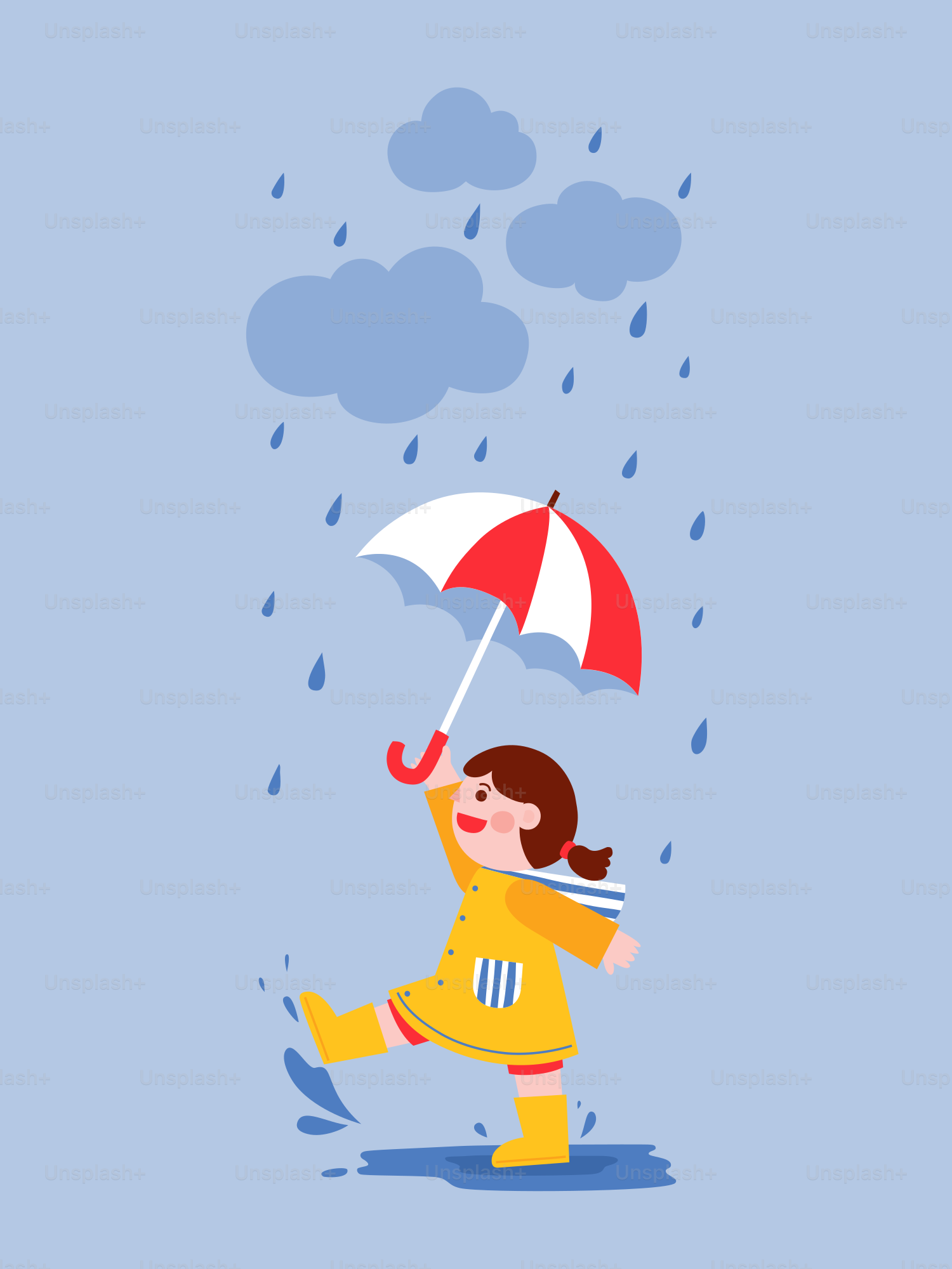 A girl with an umbrella is running in the rain