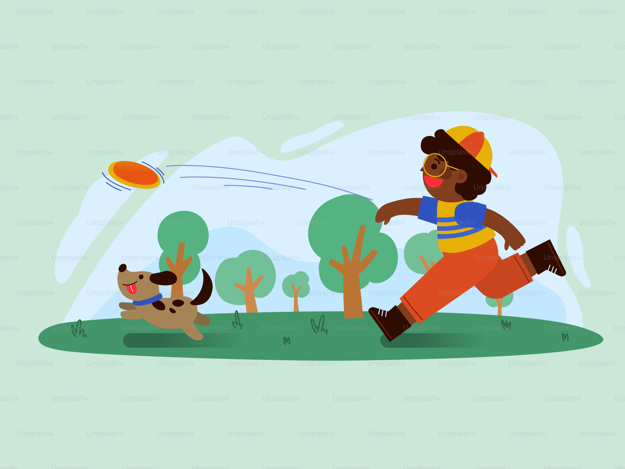 A man is playing frisbee with a dog