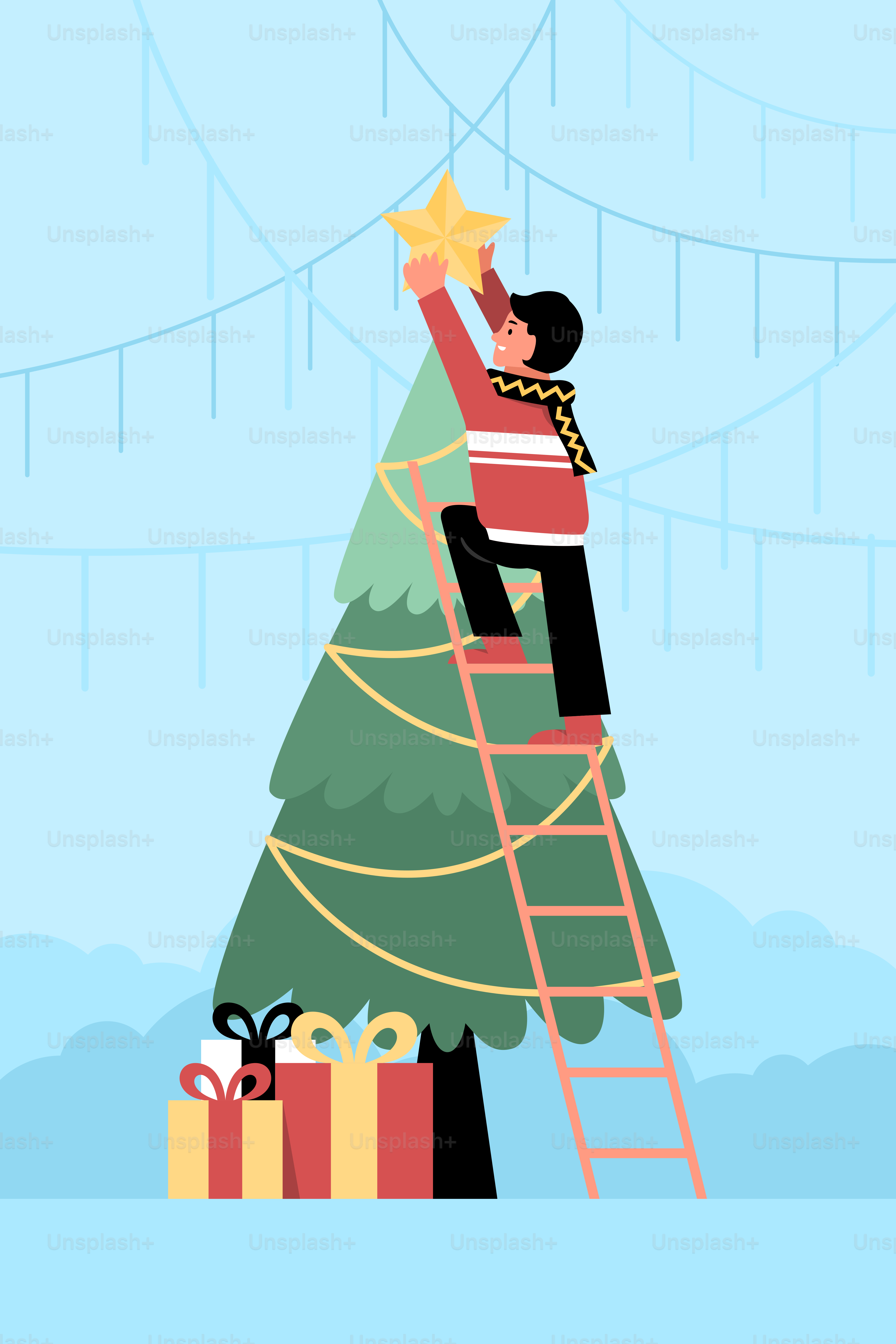 A man climbing up a ladder to a christmas tree