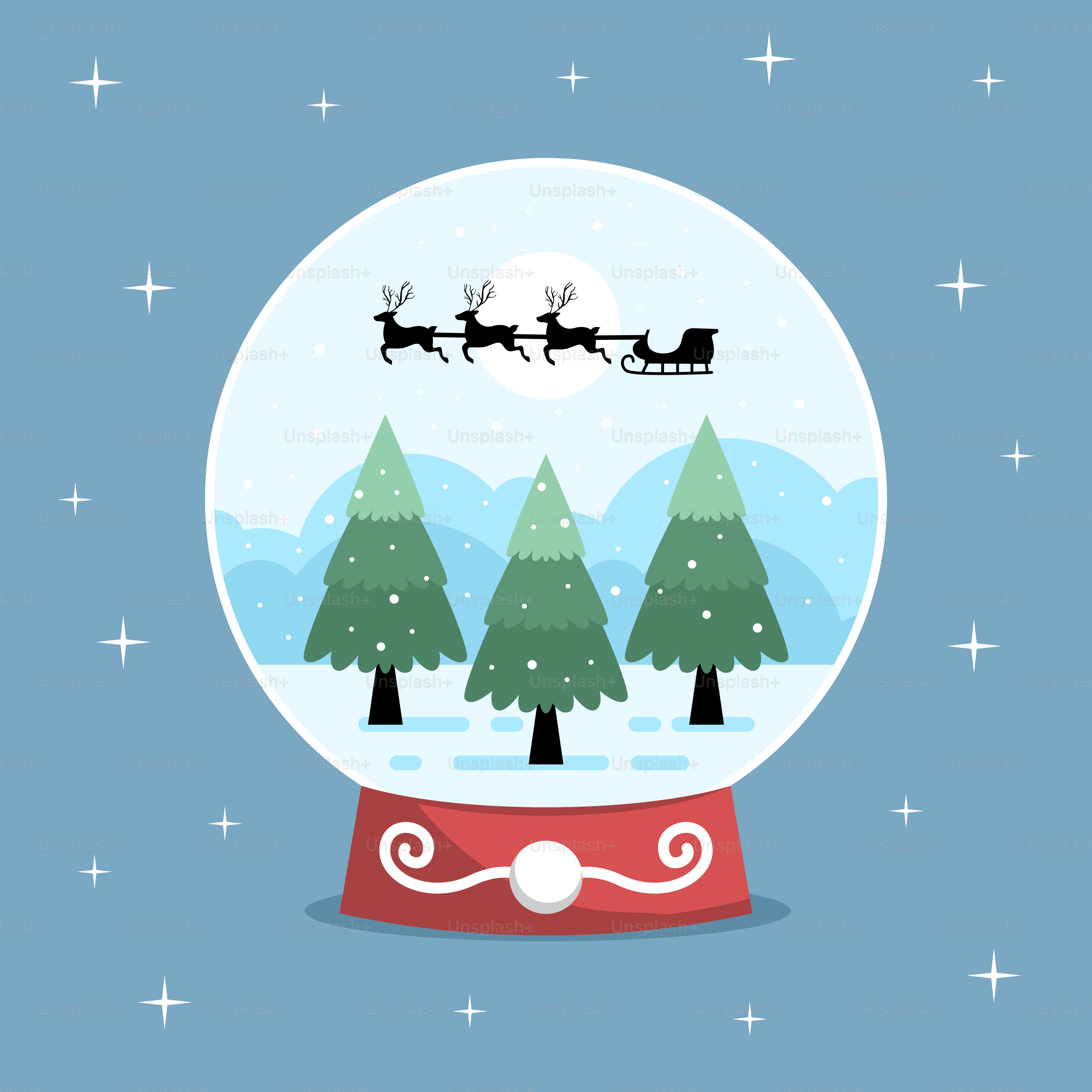 Eine Schneekugel mit dem Schlitten des Weihnachtsmanns am Himmel