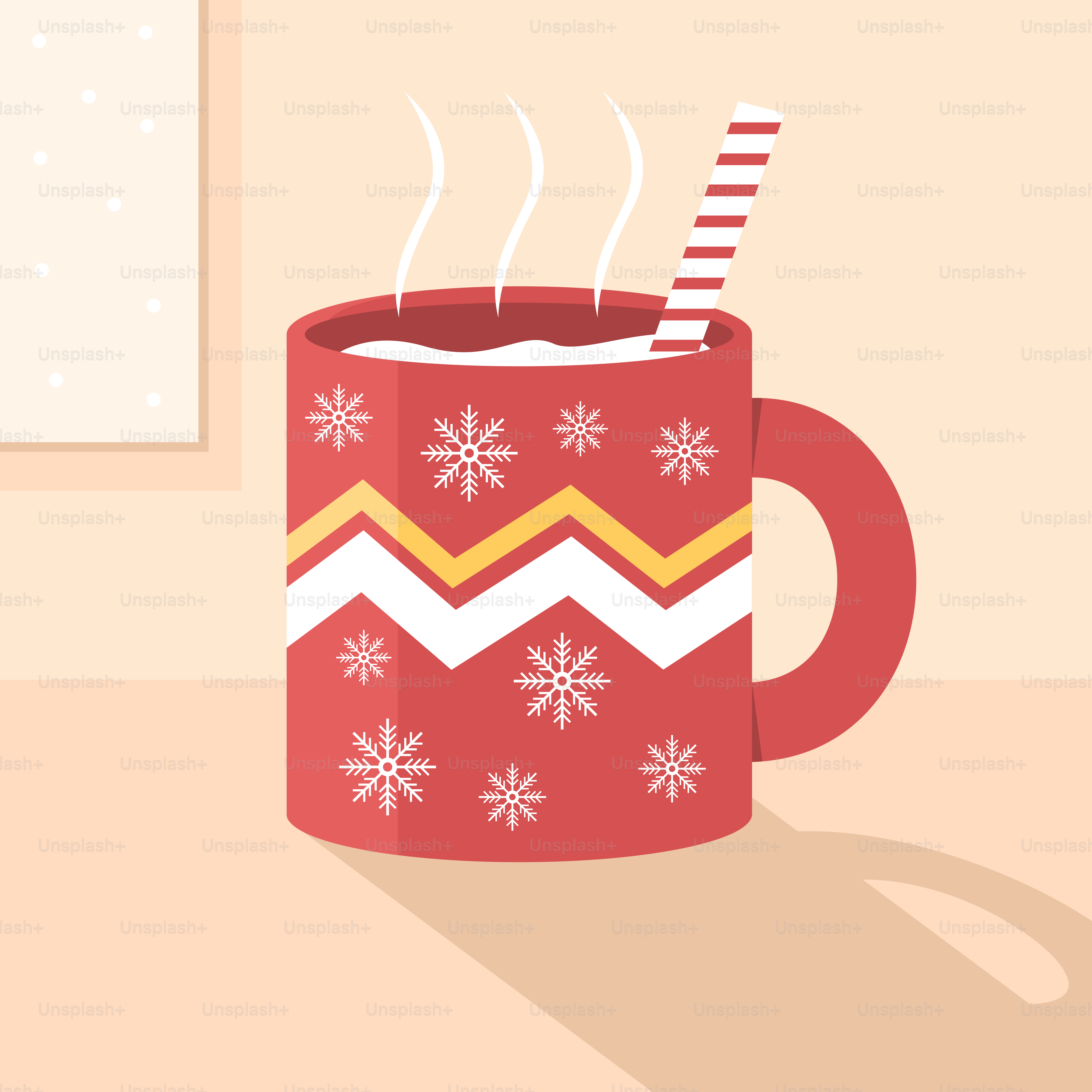 A red coffee mug with a striped straw sticking out of it