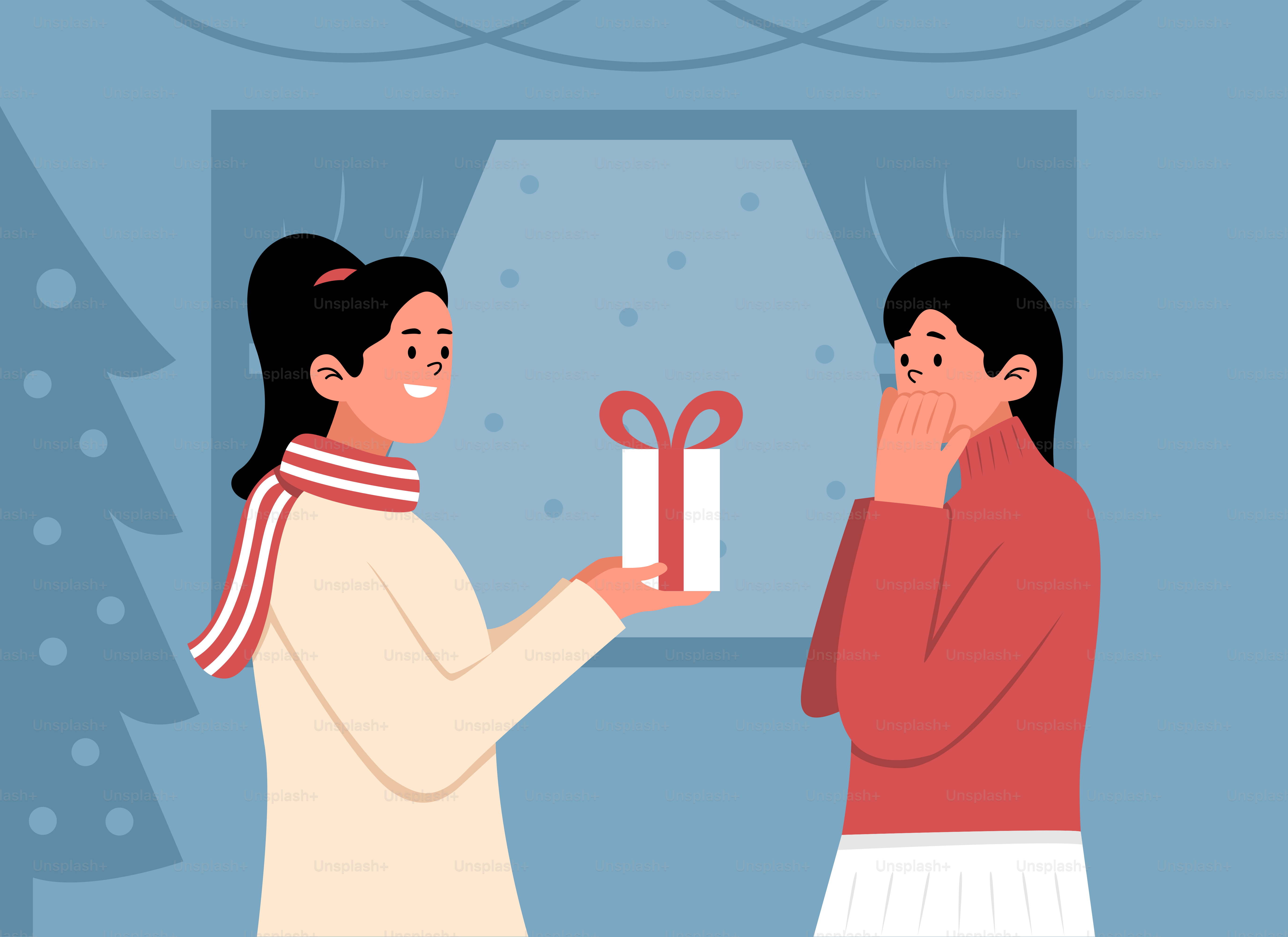 A man giving a woman a present in front of a christmas tree