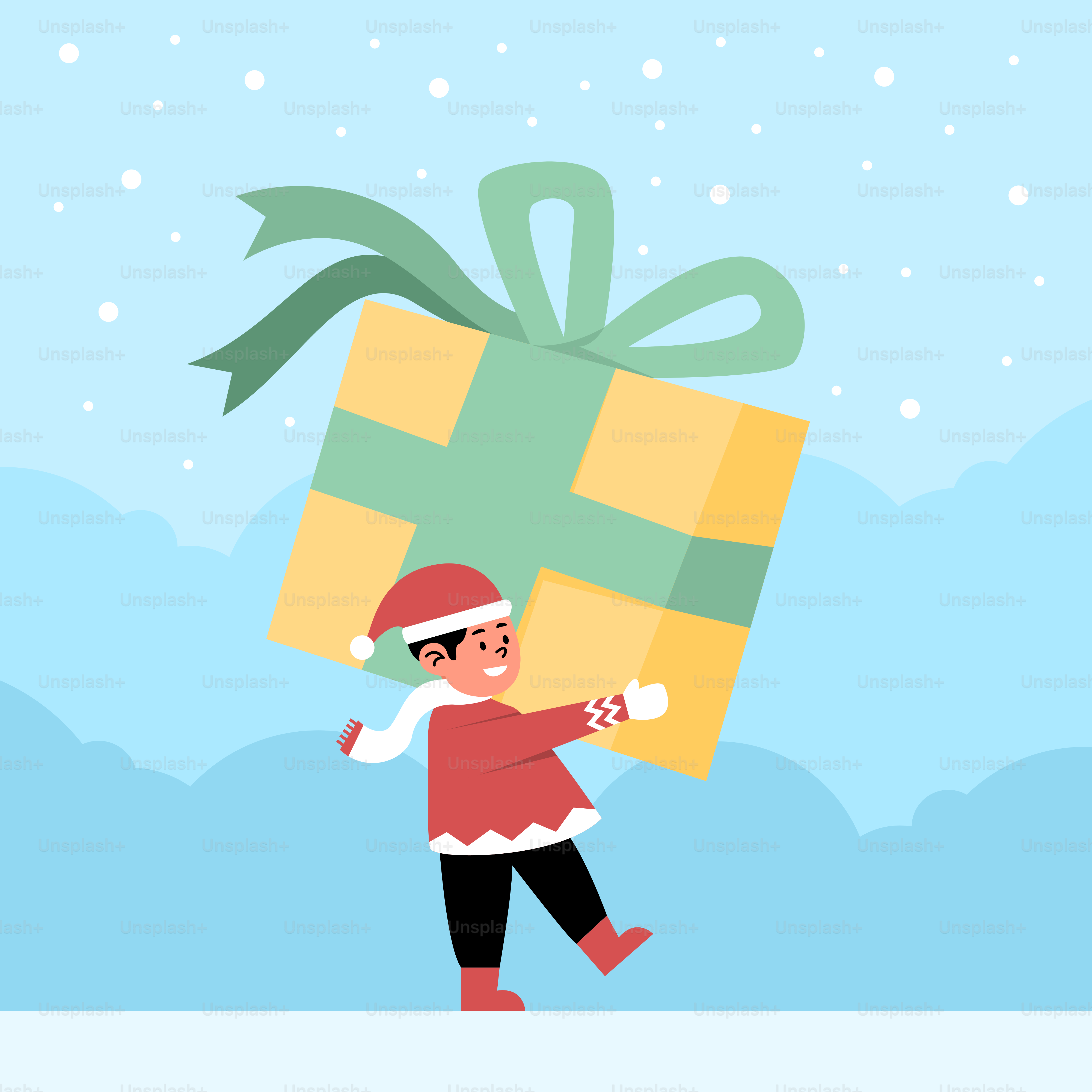 A person carrying a christmas present in the snow