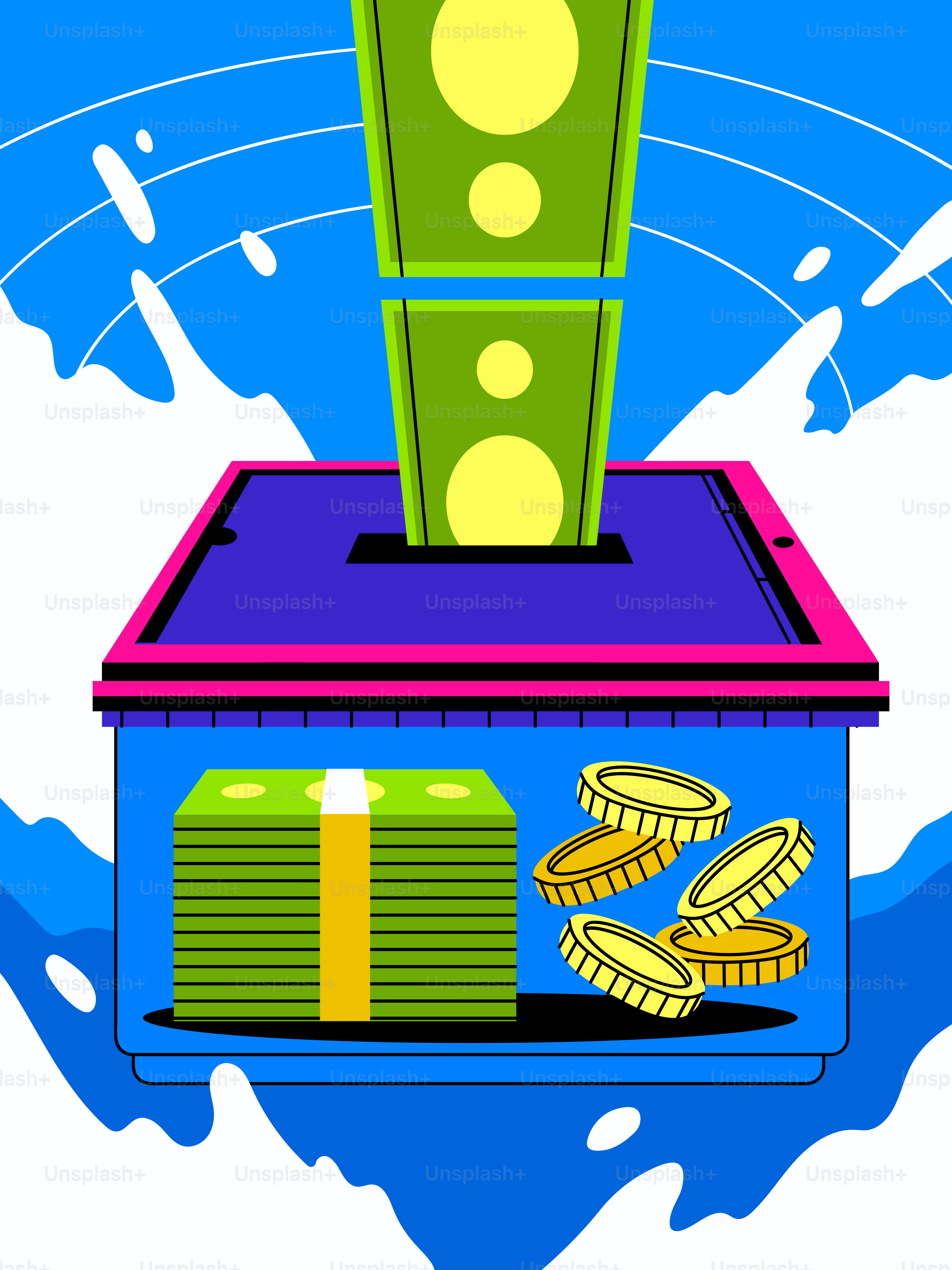 A money box with a stack of money on top of it