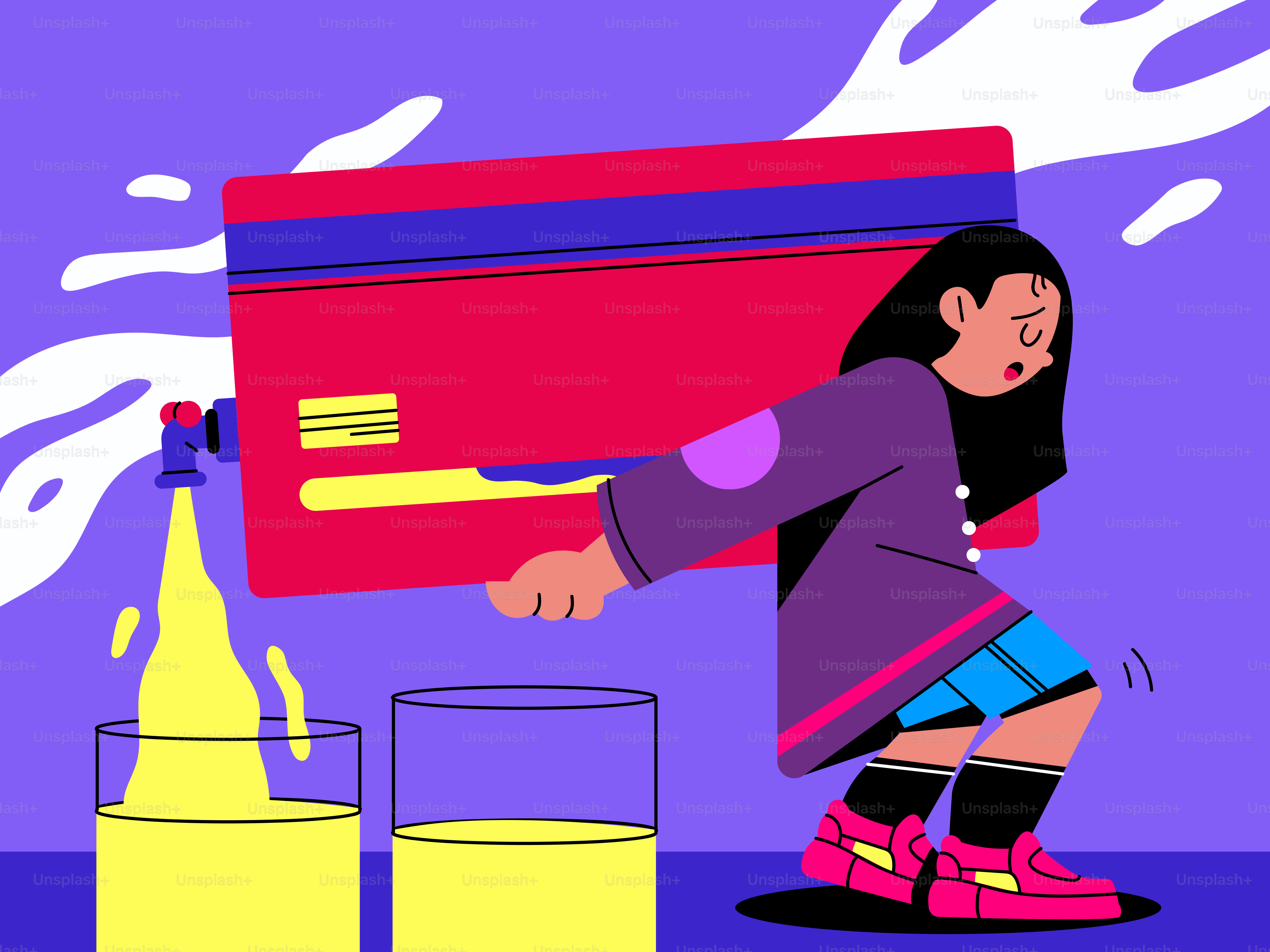 Um desenho animado de uma menina carregando uma grande garrafa de líquido