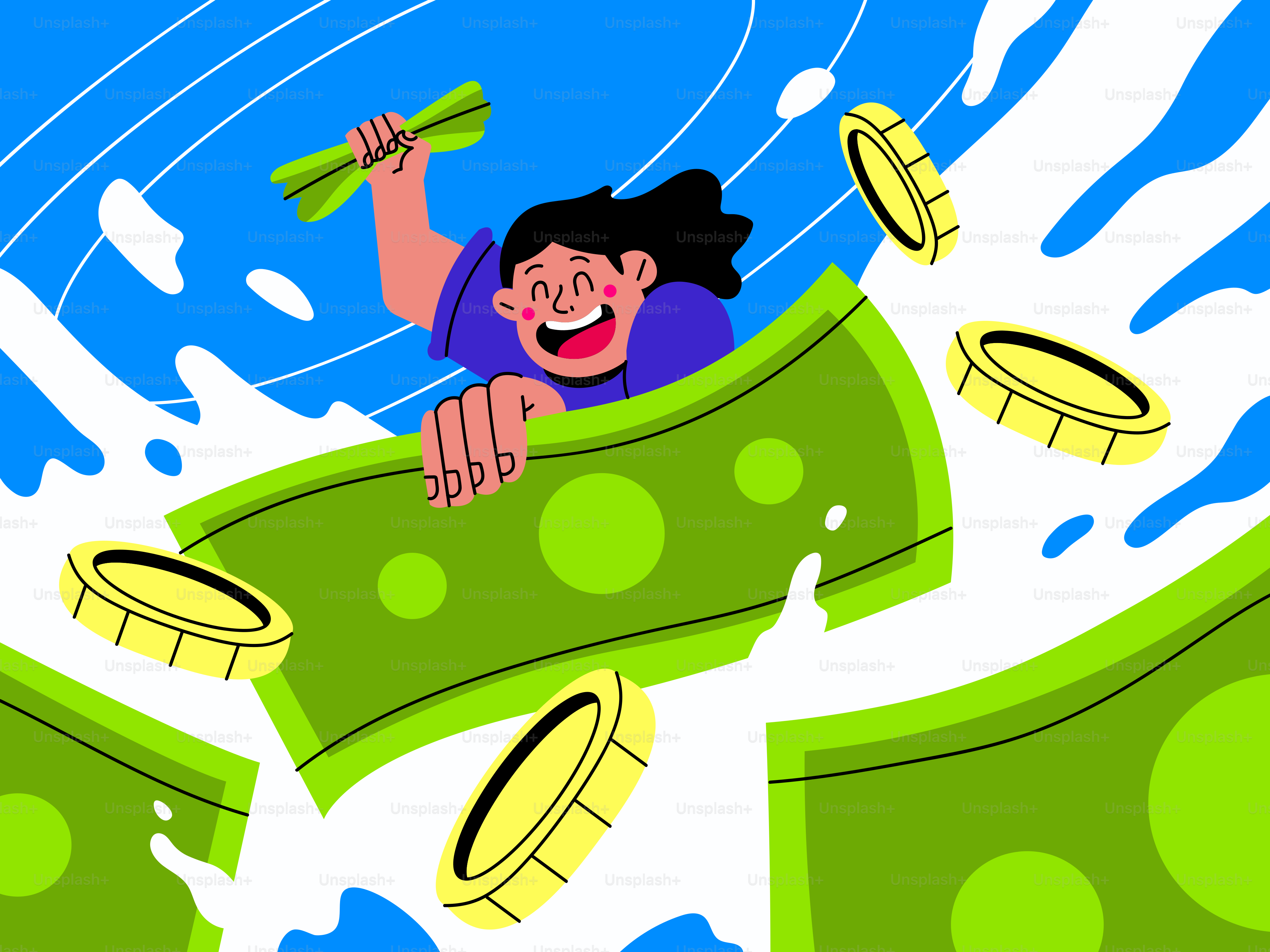 돈 웅덩이에 떠 있는 여성의 만화