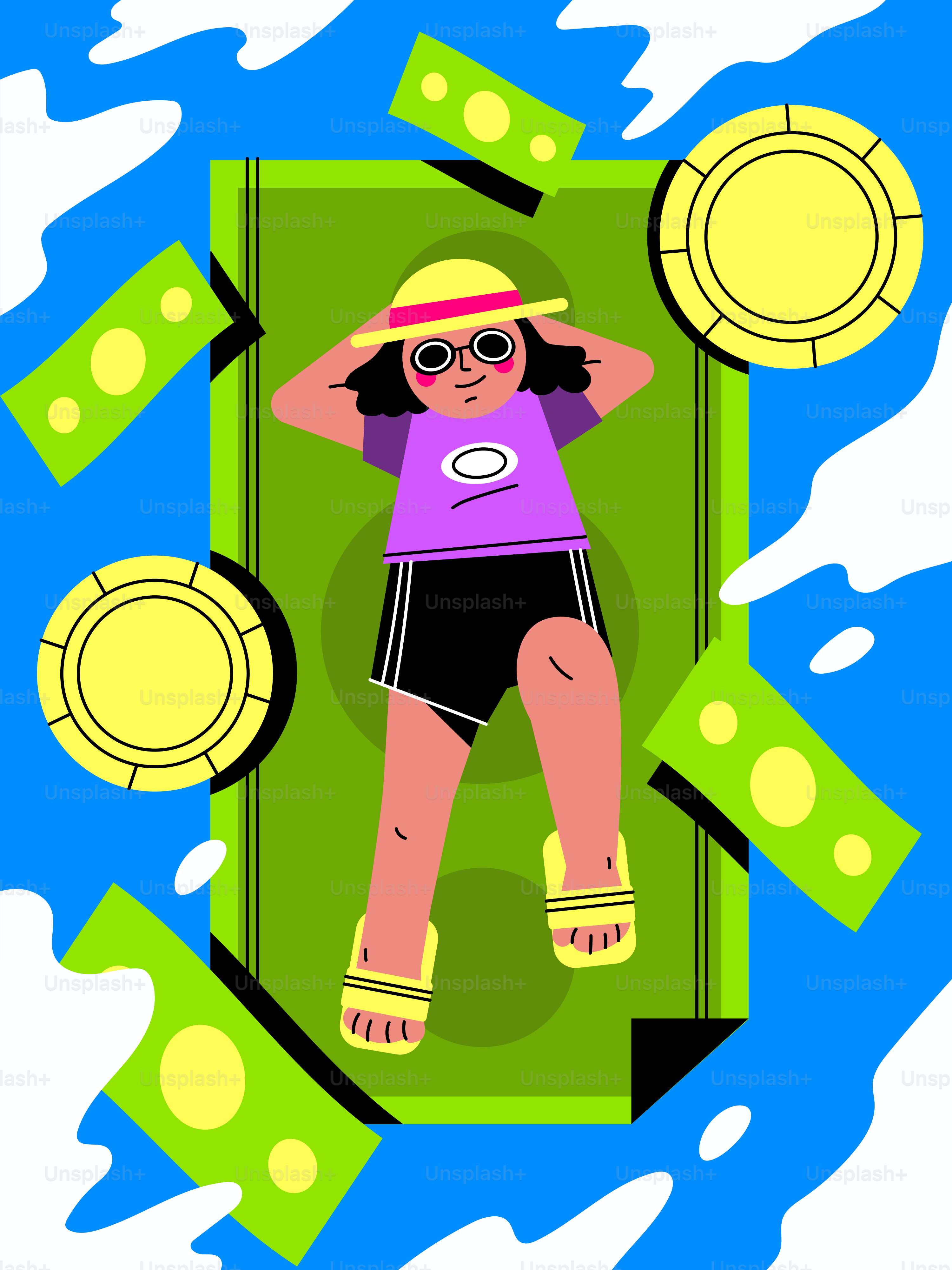 A girl in a purple shirt and black shorts laying on a pile of money