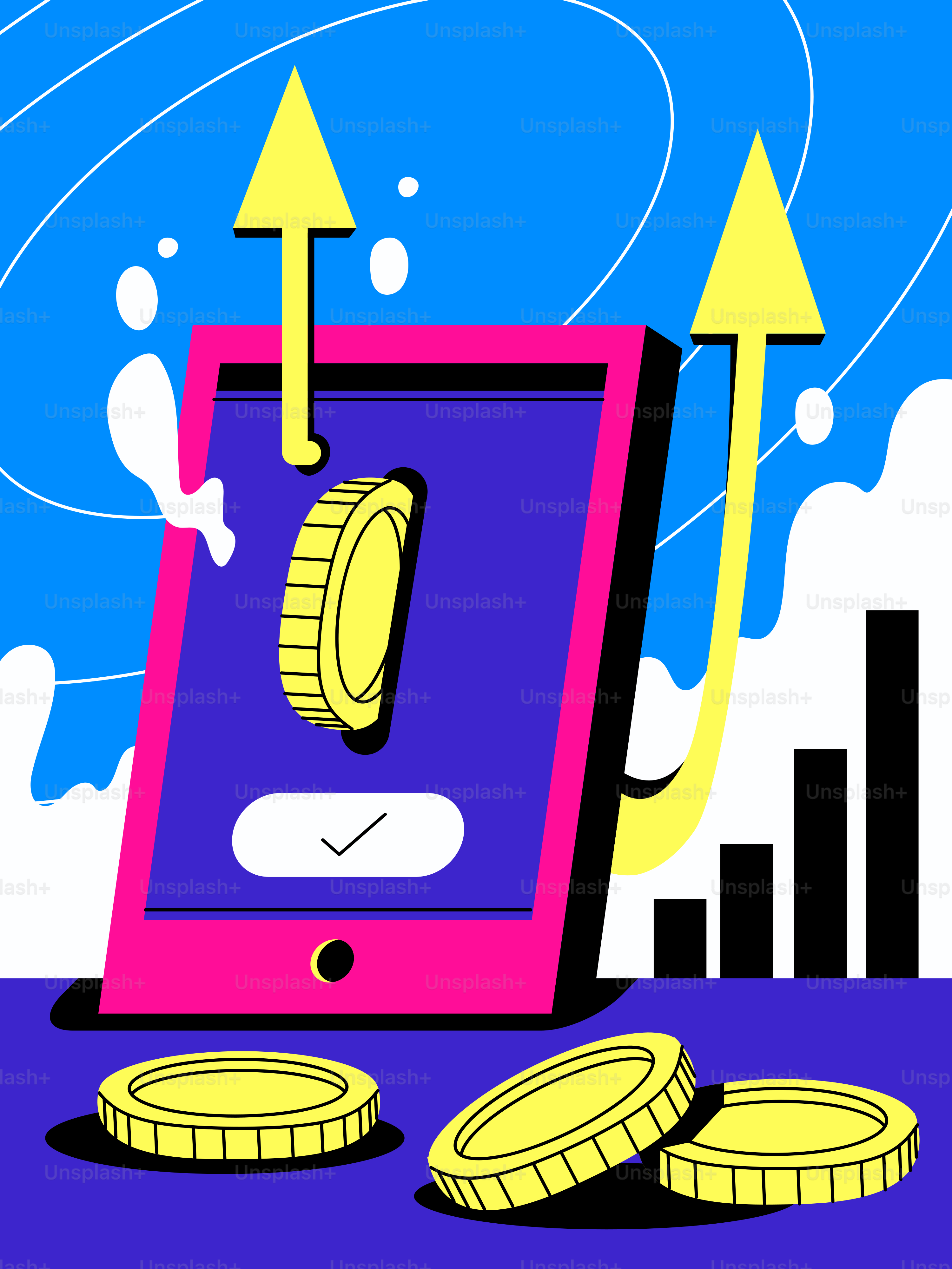 A computer screen with a pile of coins in front of it