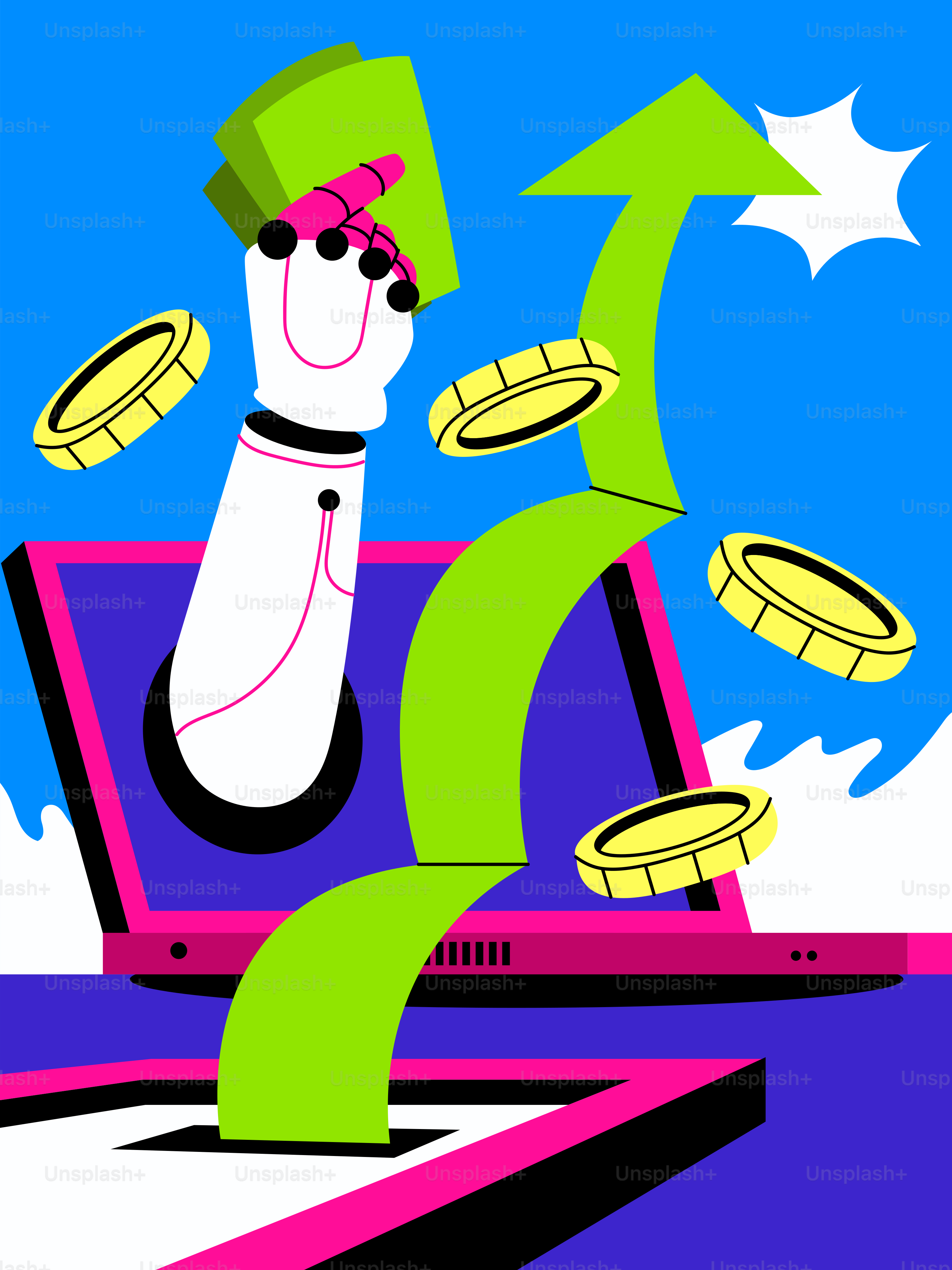 Une caricature d’une personne sur un ordinateur portable avec de l’argent qui en sort