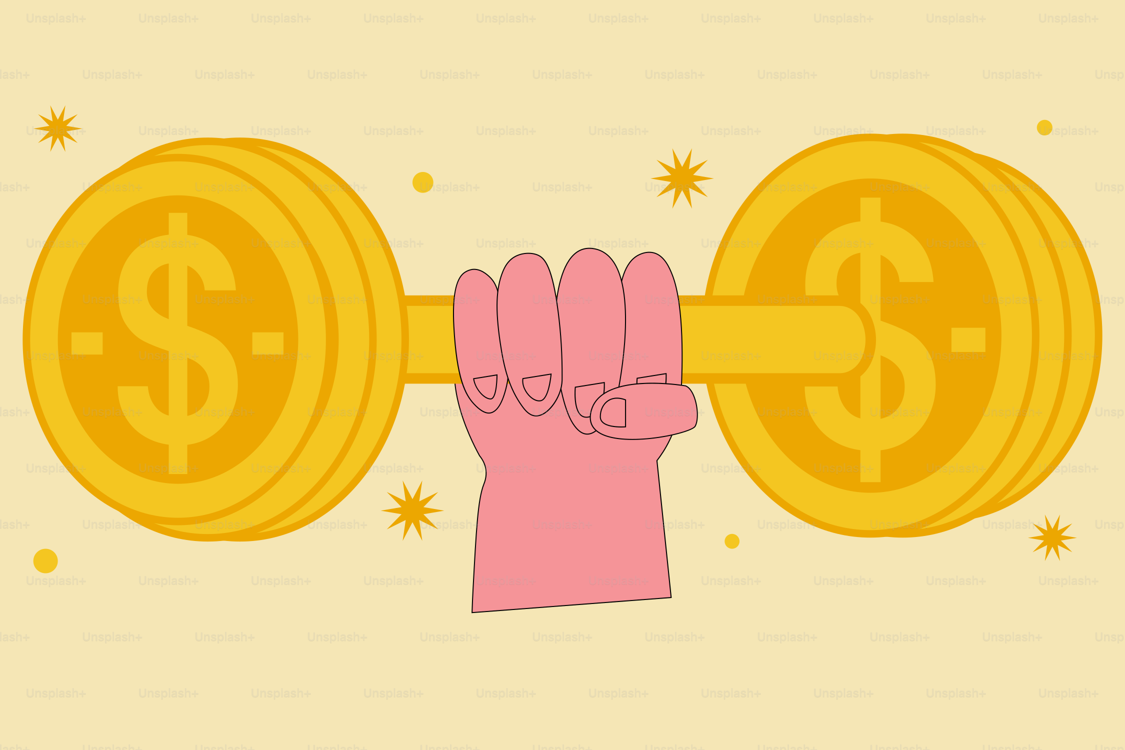 A hand holding a barbell with dollar signs on it