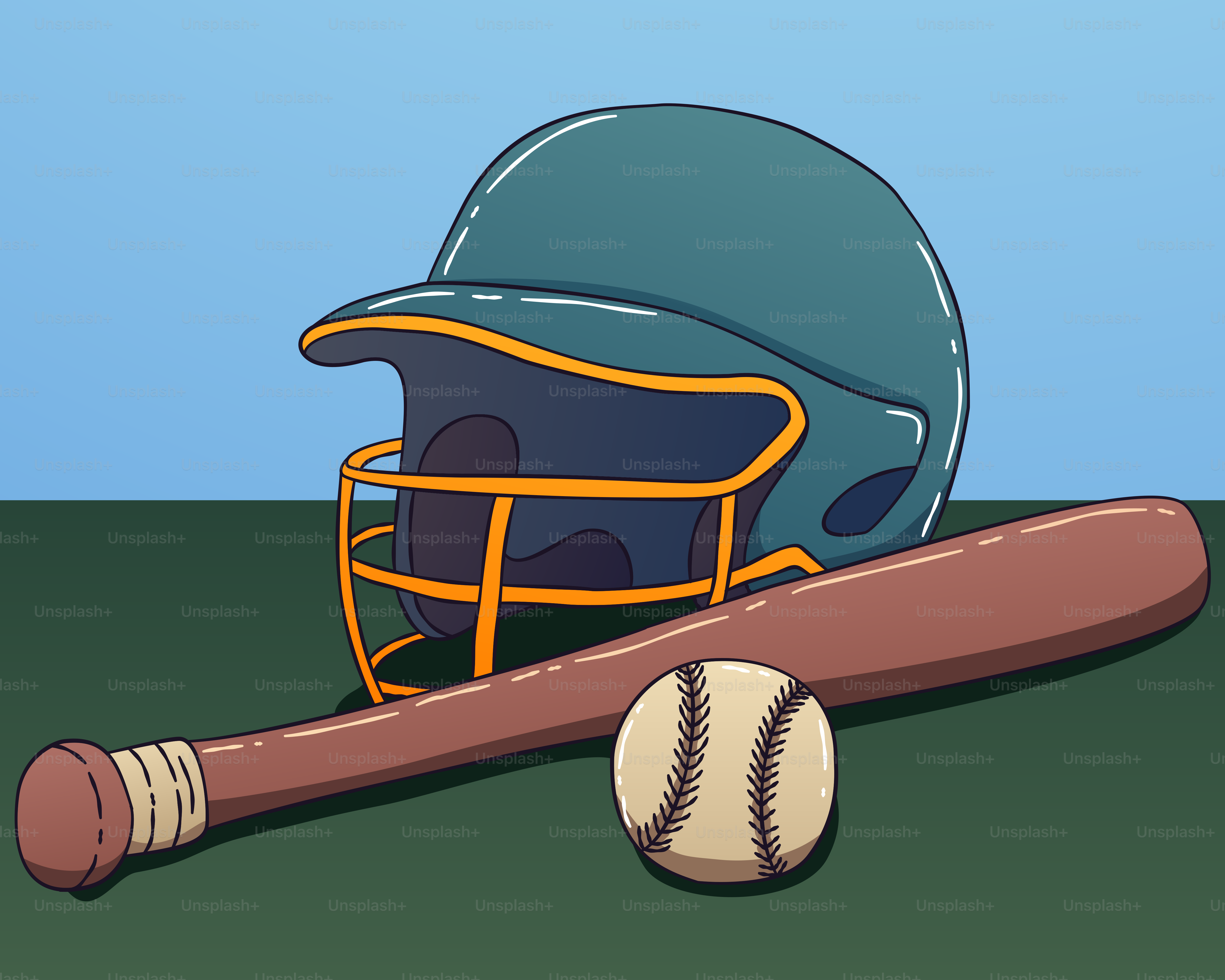 A baseball bat, helmet and ball on a field