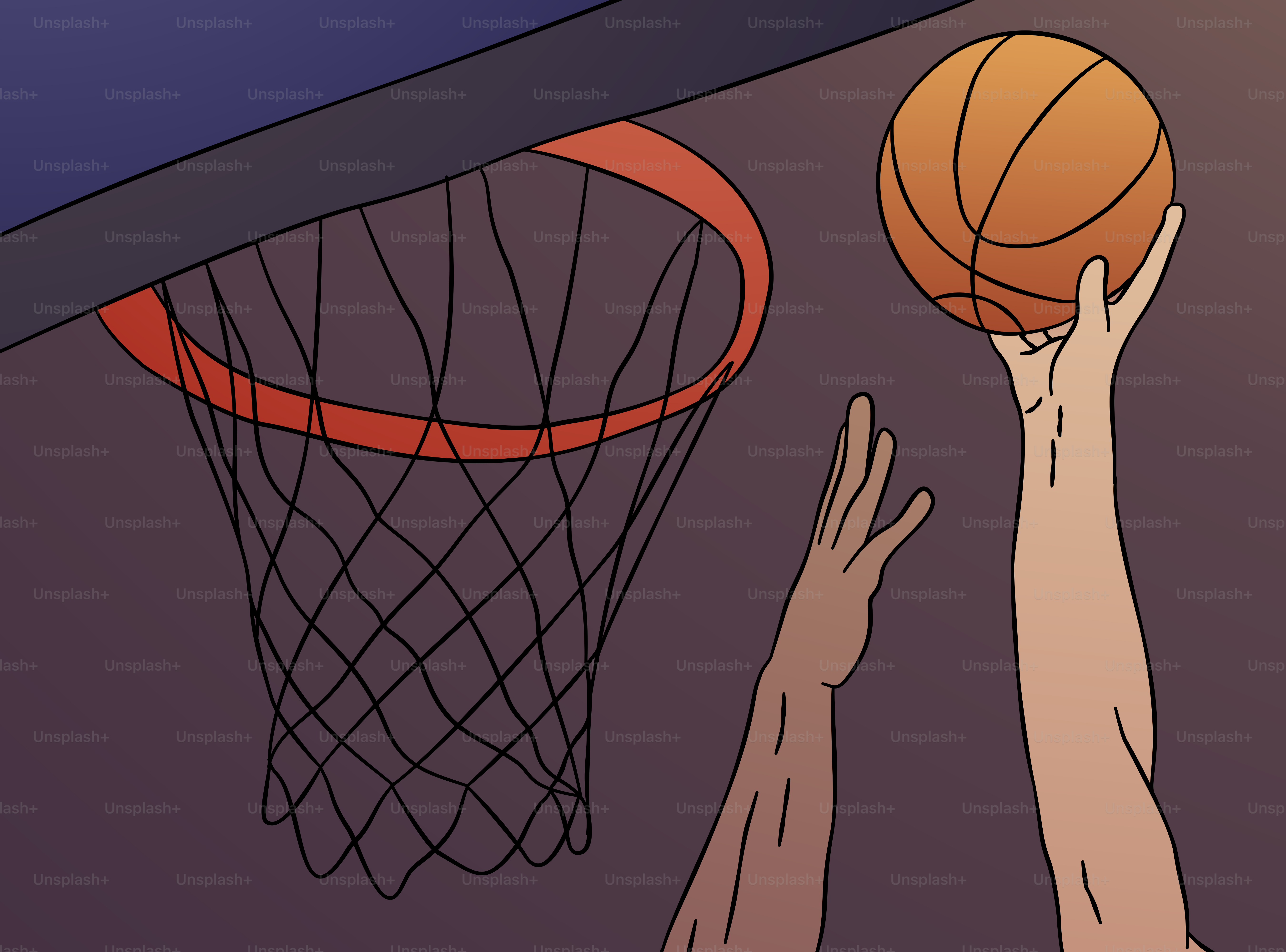 Dua tangan meraih bola basket di depan ring basket