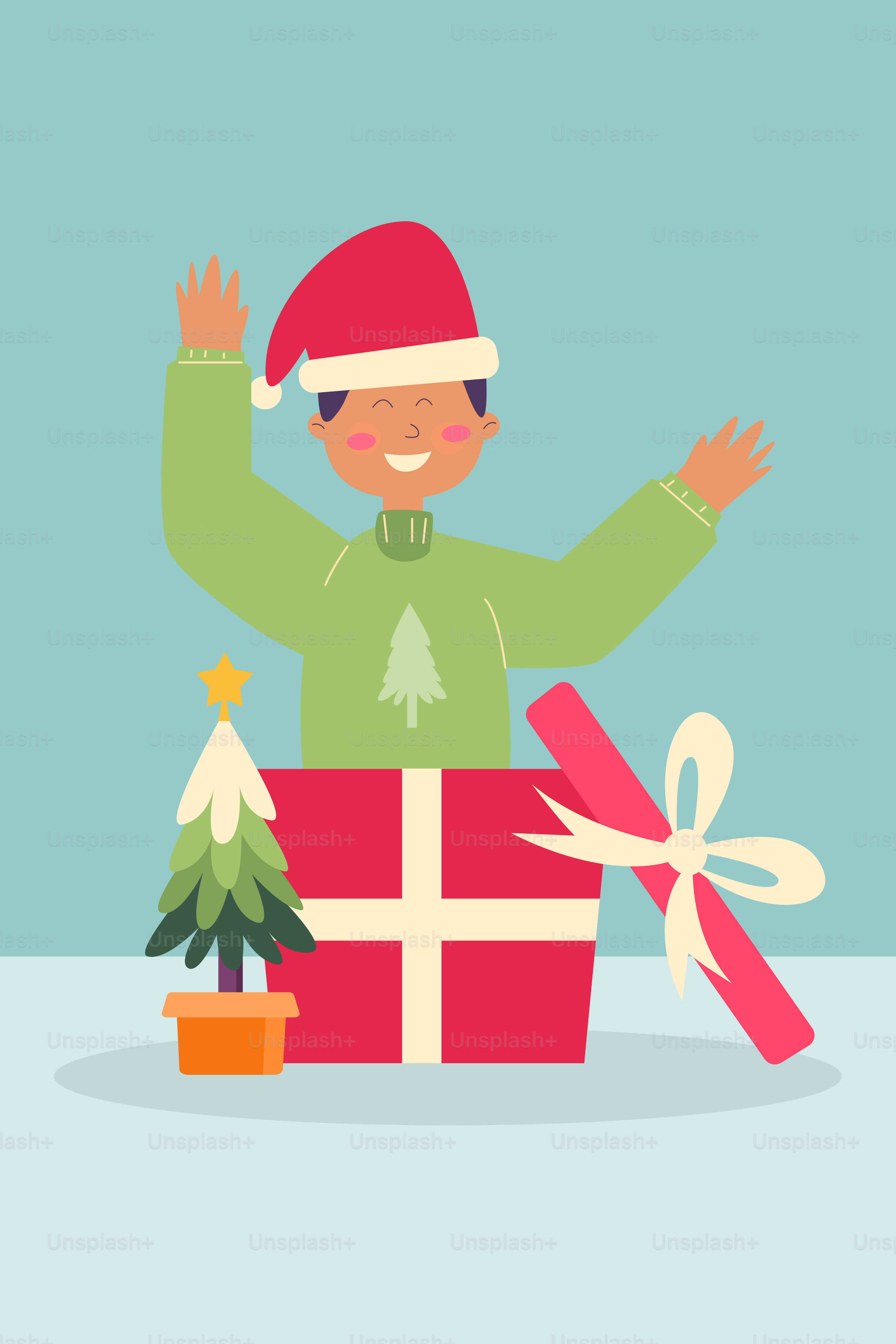 A man in a santa hat sitting on top of a present box