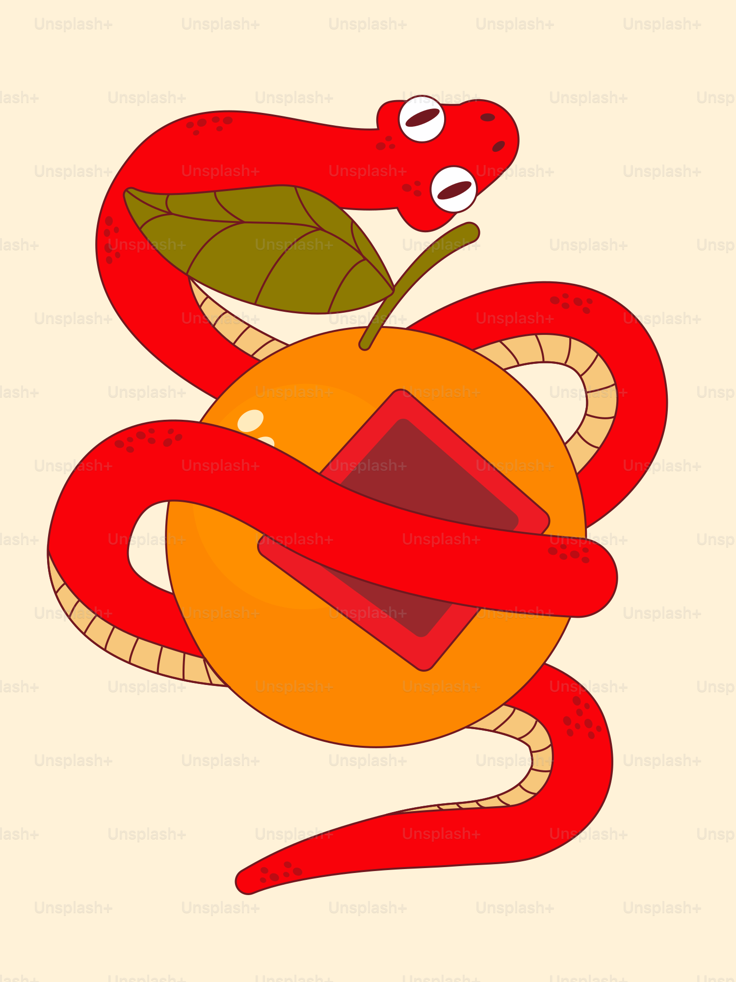 A red snake with a green leaf on top of an orange
