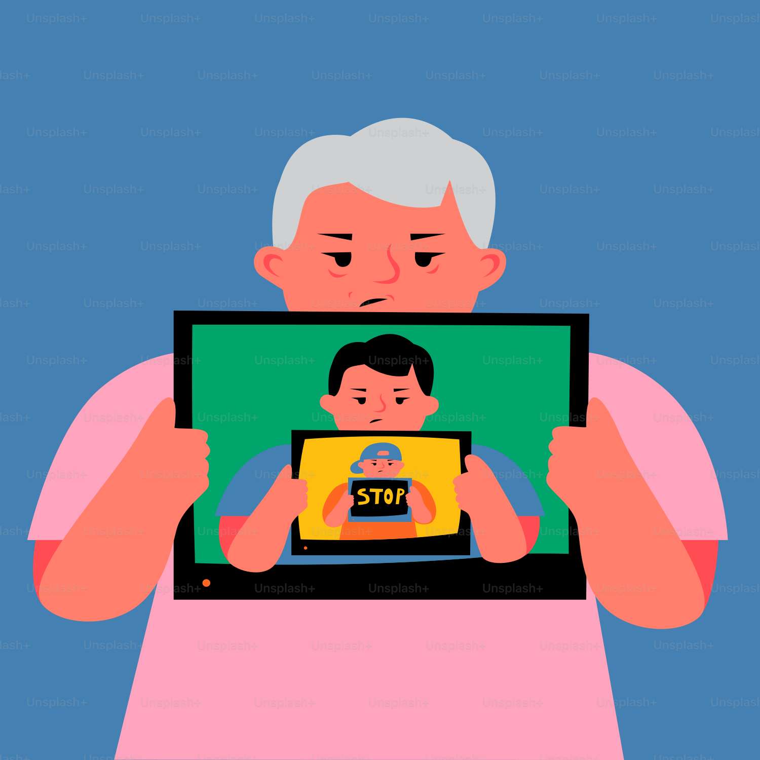 Seorang pria yang lebih tua menggendong seorang anak di atas tablet