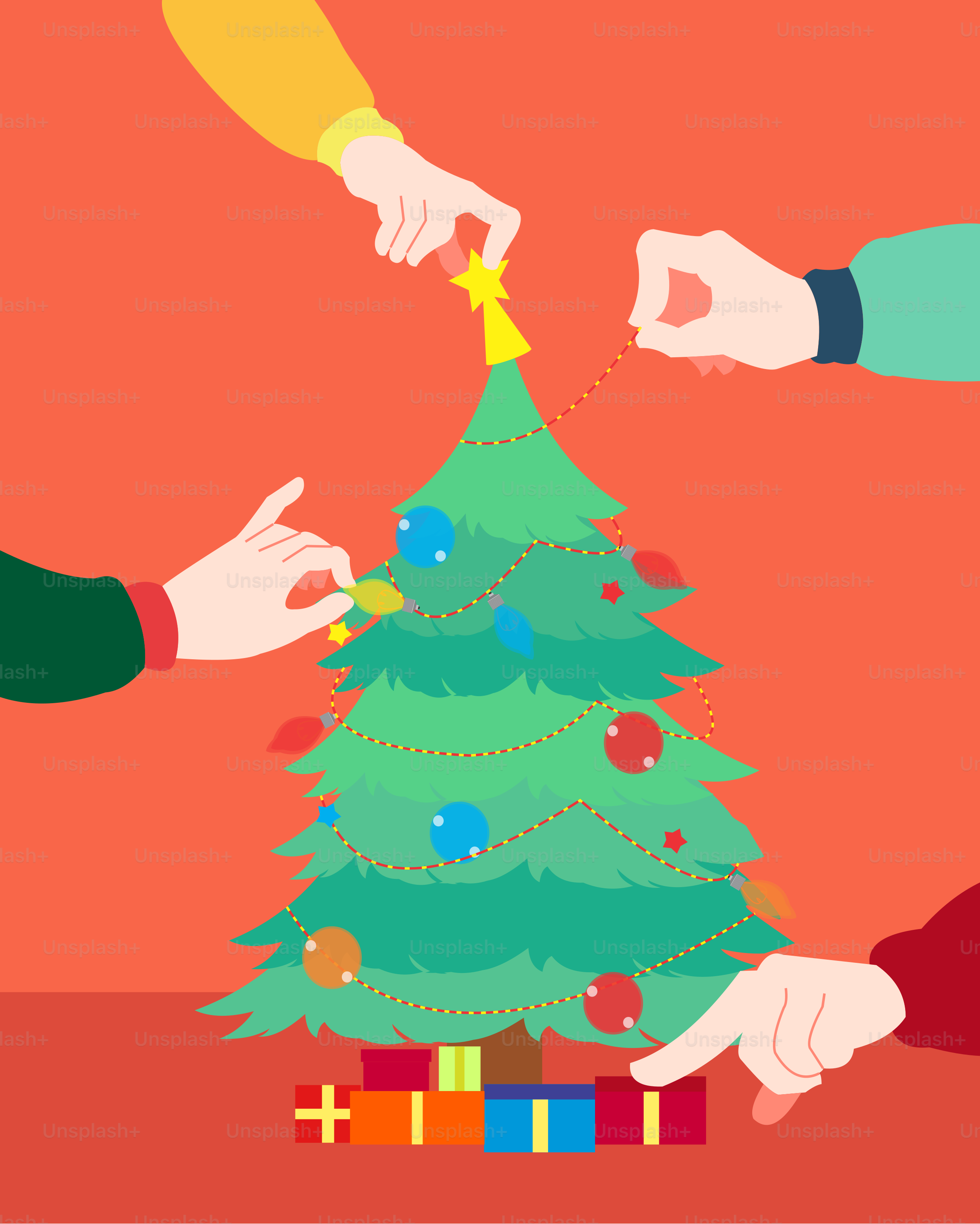 A group of people putting decorations on a christmas tree