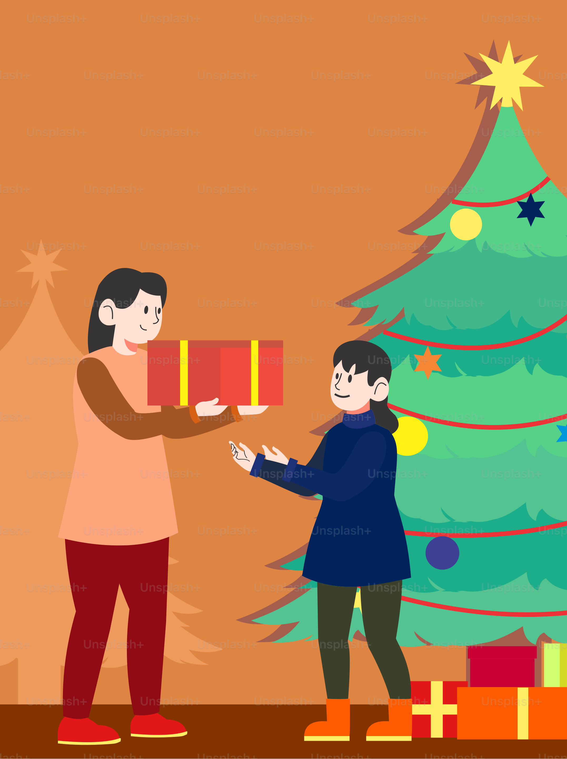 Una mujer dando un regalo a un niño frente a un árbol de Navidad vector ...