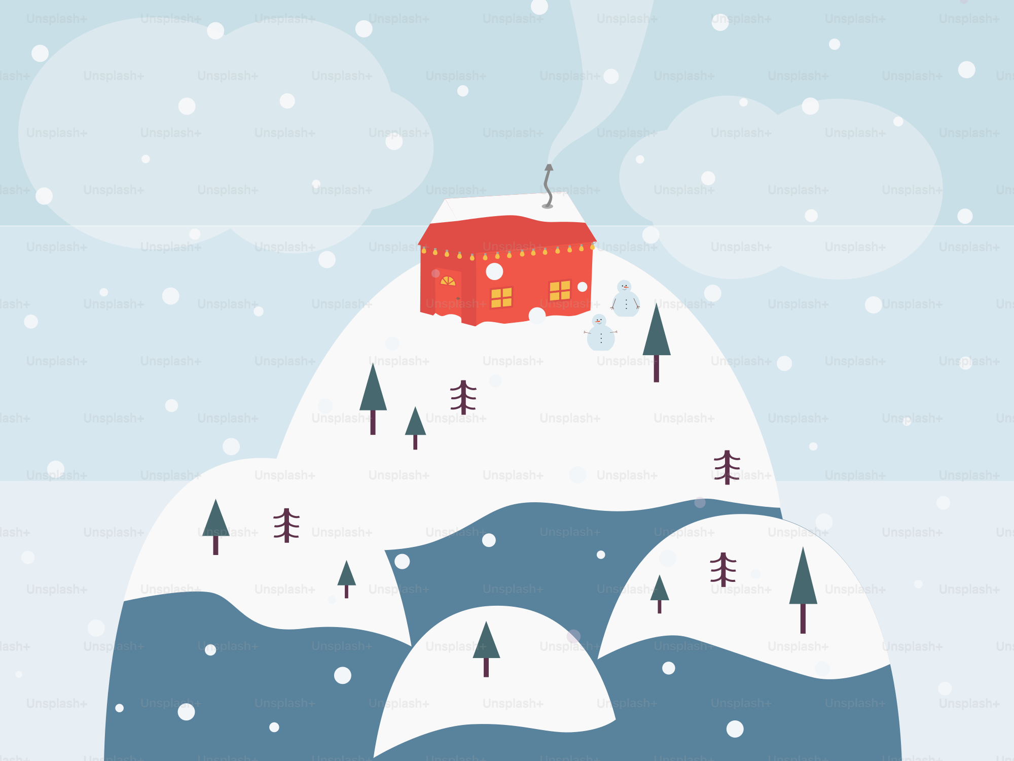 A red cabin on the top of a snowy mountain