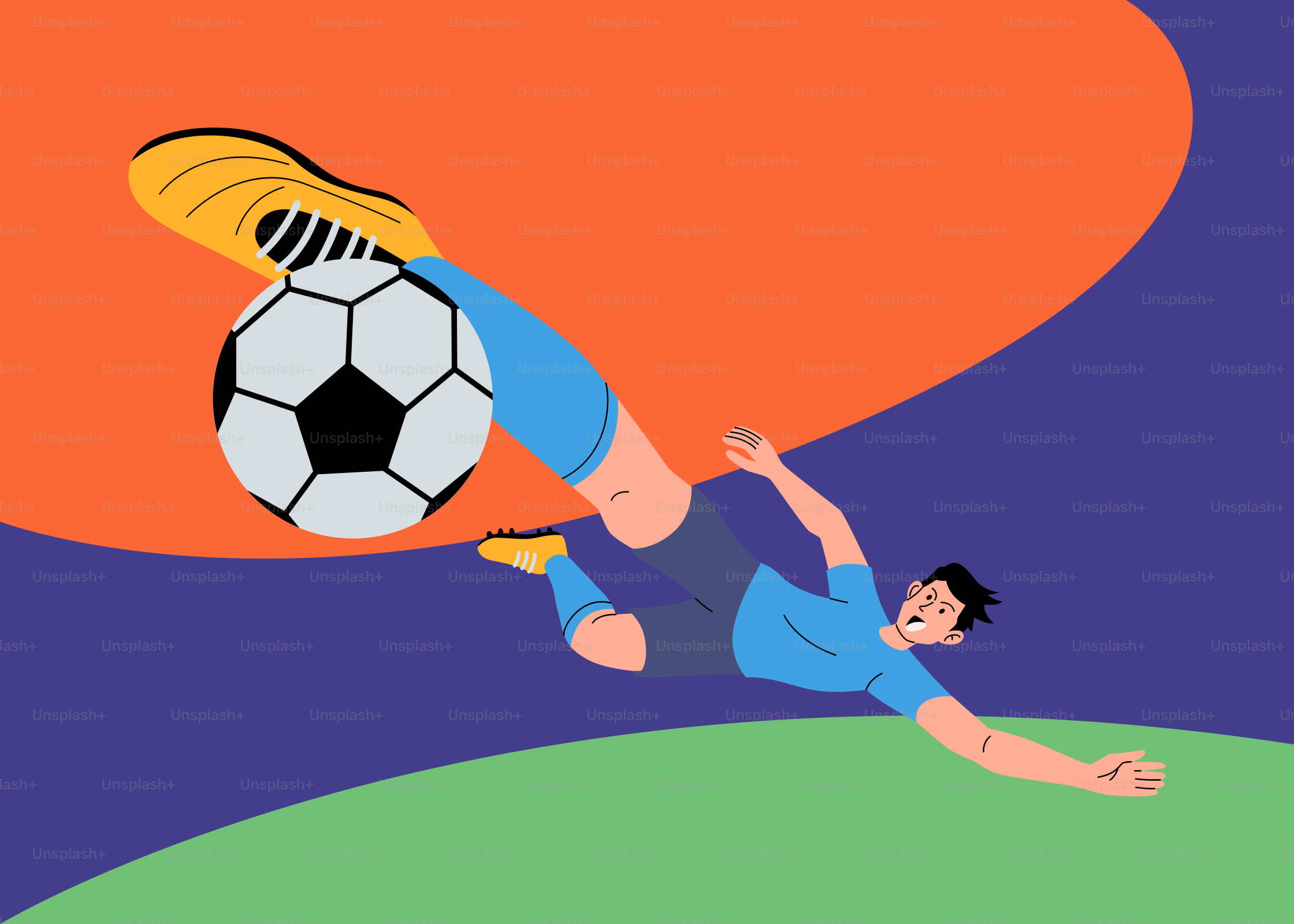 A man kicking a soccer ball on top of a hill